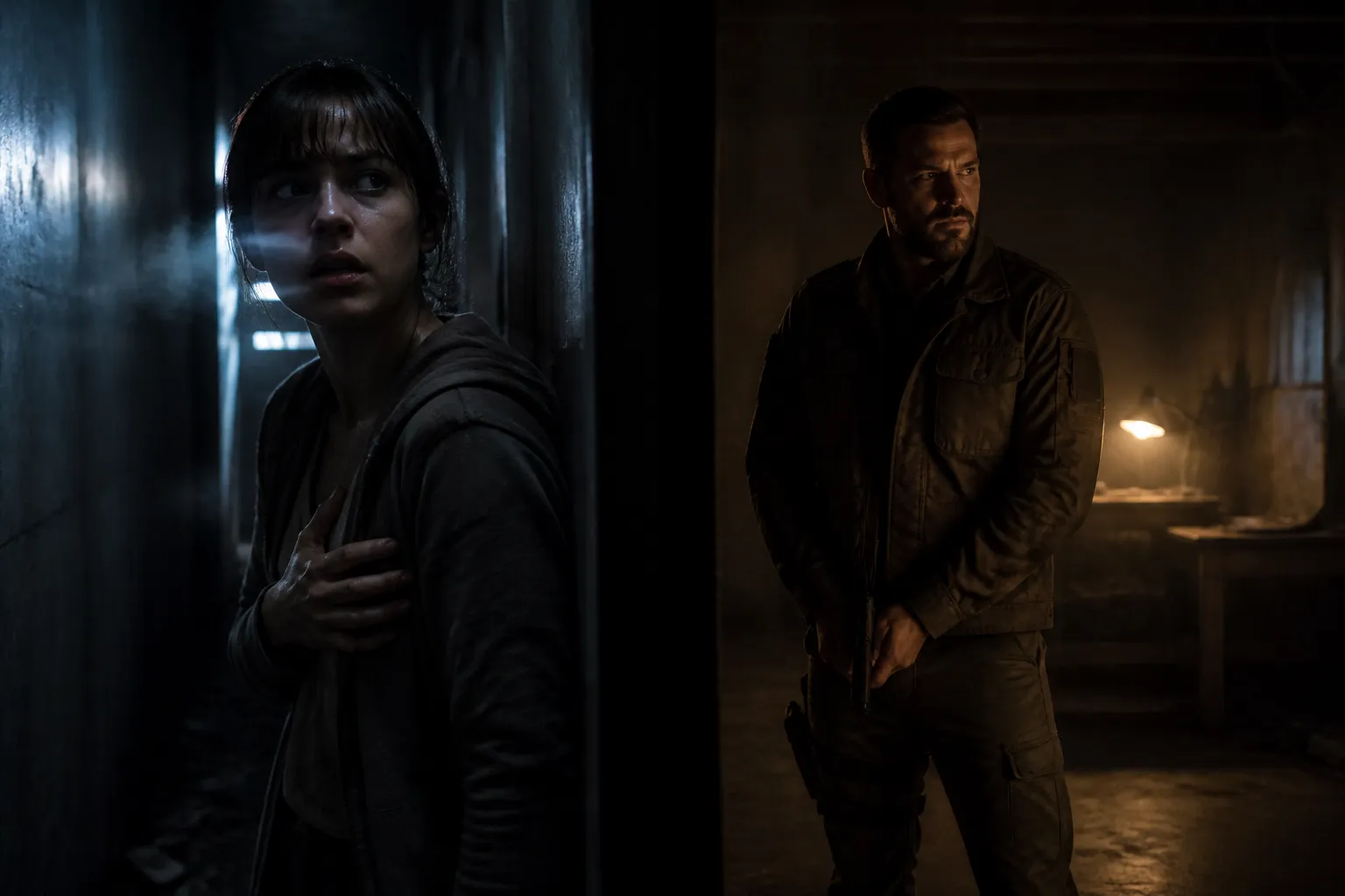 A split frame contrasting a tense, exposed figure in a dim corridor with a composed, steady-handed figure in a dusty room, suggesting two different kinds of fear meeting in one horror story.