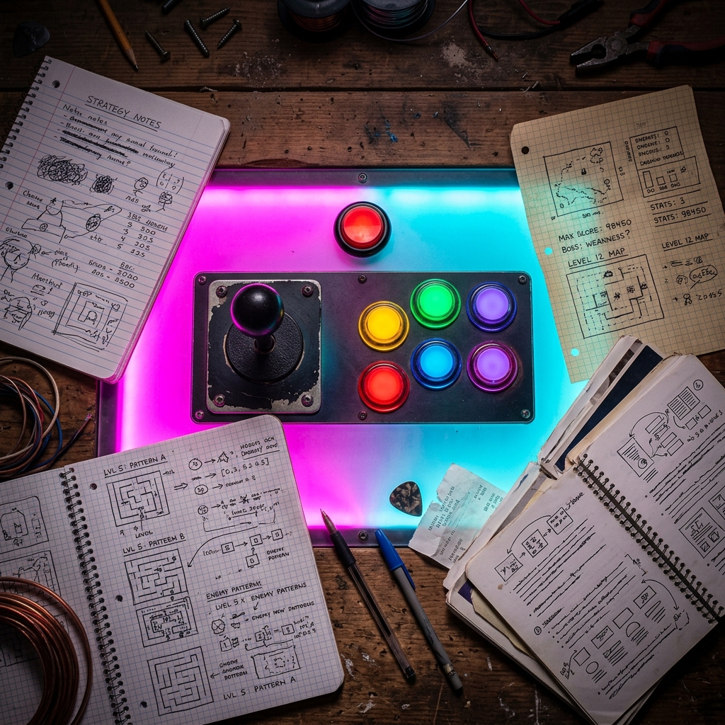 Vintage arcade control panel with joystick and buttons surrounded by handwritten strategy notes and open spiral-bound guides under neon lighting