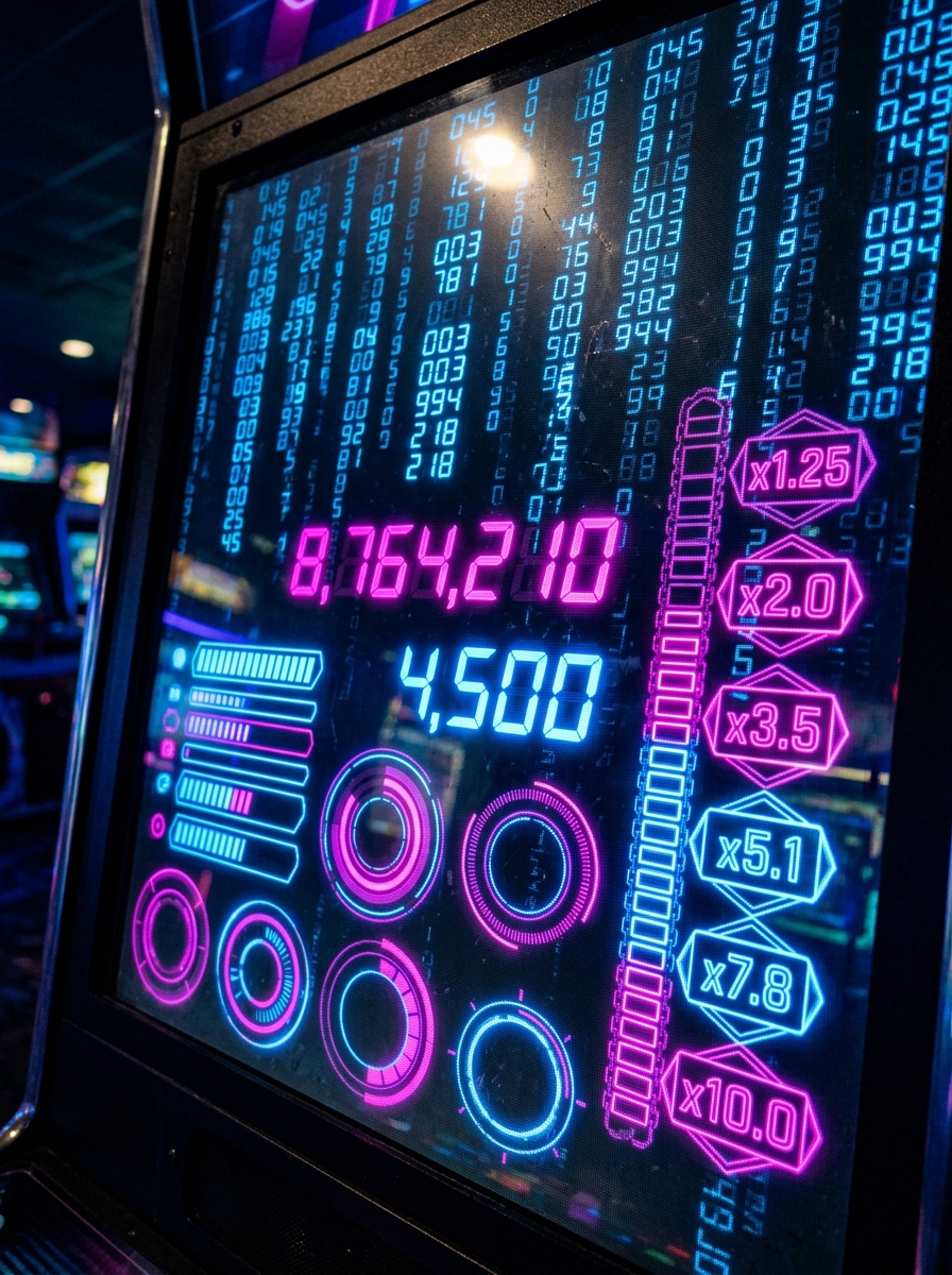 Close-up of a glowing neon arcade HUD display showing chain multiplier counters and score indicators in electric blue and magenta light