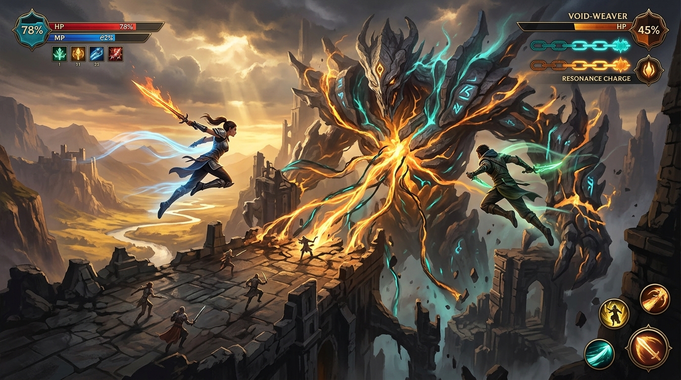 A colossal glowing boss creature looms over ancient ruins at dusk as two warriors leap through the air with energy trails, a vast illuminated valley visible far below the cliff edge, with stylized resonance chain indicators glowing at the screen periphery