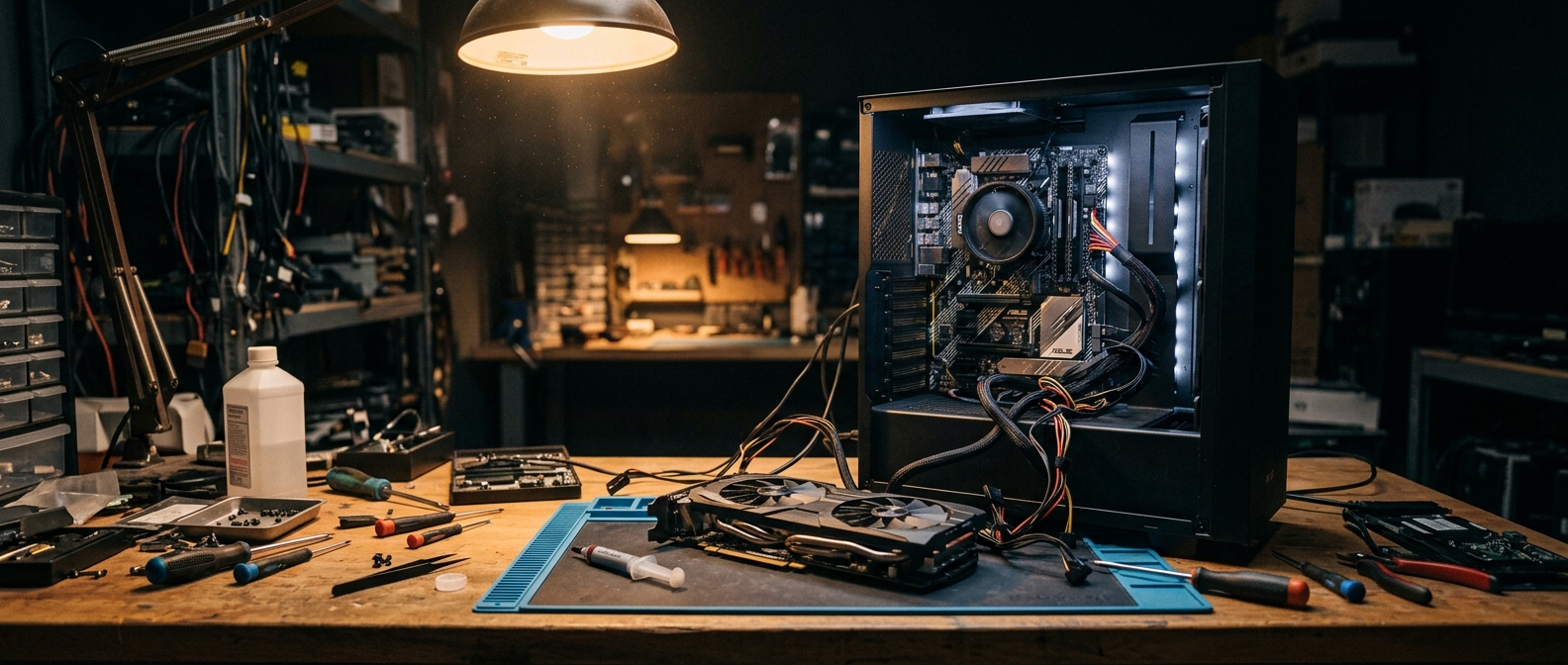 A cluttered virtual PC repair workshop bench photographed in cinematic widescreen, showing an open mid-tower case glowing internally with a removed GPU resting on an anti-static mat beside it, cables half-routed and tools scattered under warm workshop lighting