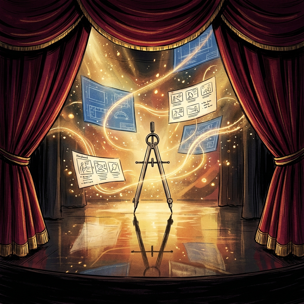 Crimson theatrical curtain drawn back to reveal a glowing stage filled with floating storyboard panels, blueprints, and golden narrative threads with a drafting compass at center