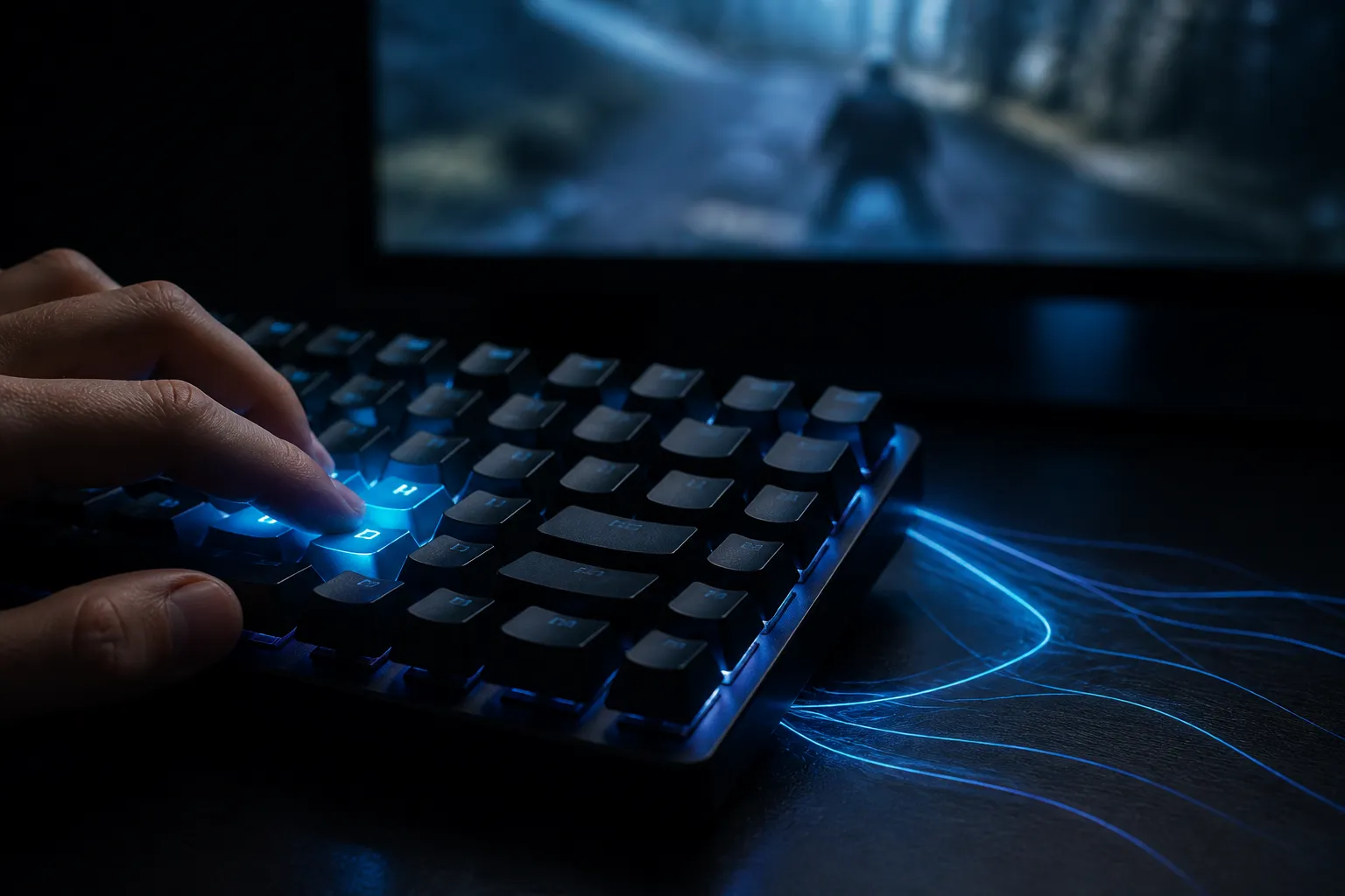Close-up of a backlit gaming keyboard with fingers resting on the WASD keys, suggesting a focused check of movement input.