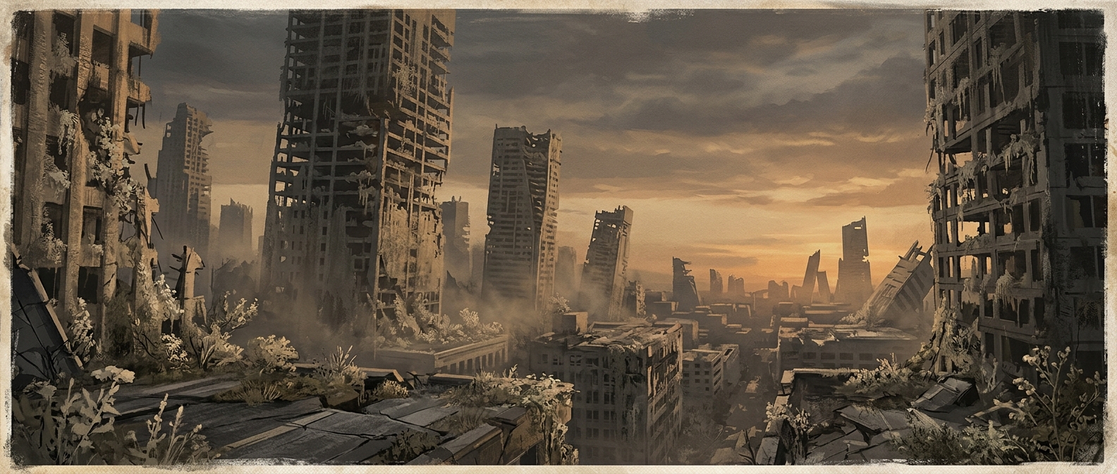 Crumbling post-apocalyptic megastructures stand silent under a hazy amber sky, overgrown with pale vegetation and draped in dust, golden light piercing through collapsed towers