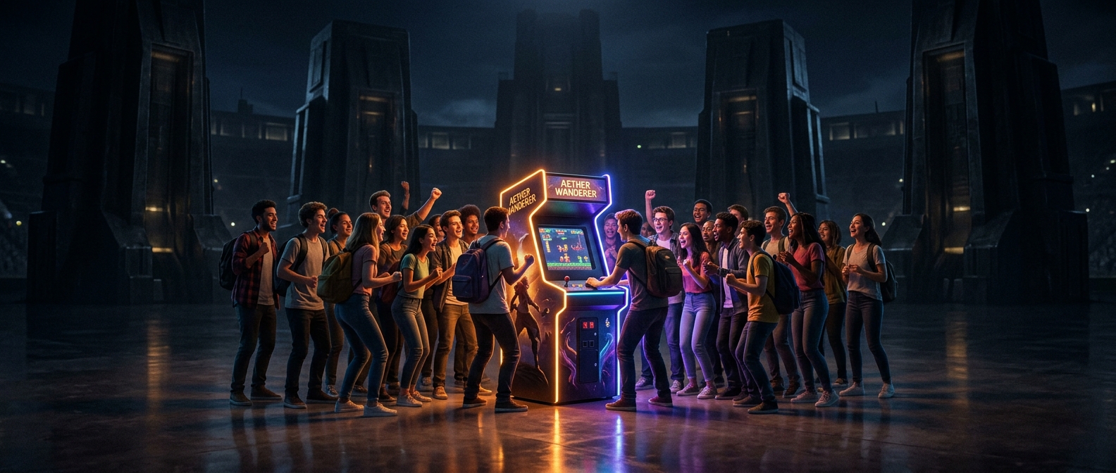 A glowing indie arcade cabinet radiates warm neon light in a vast dark arena as joyful players gather around it, with towering shadowy AAA monoliths looming in the distant background