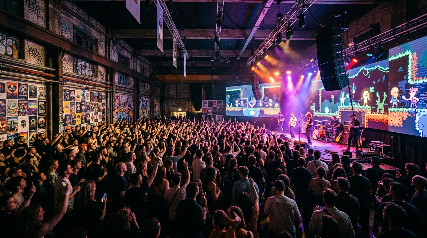 A packed neon-lit warehouse venue where a live indie band performs beneath giant screens showing pixel game worlds, the crowd illuminated by stage light in a convergence of gaming and music culture