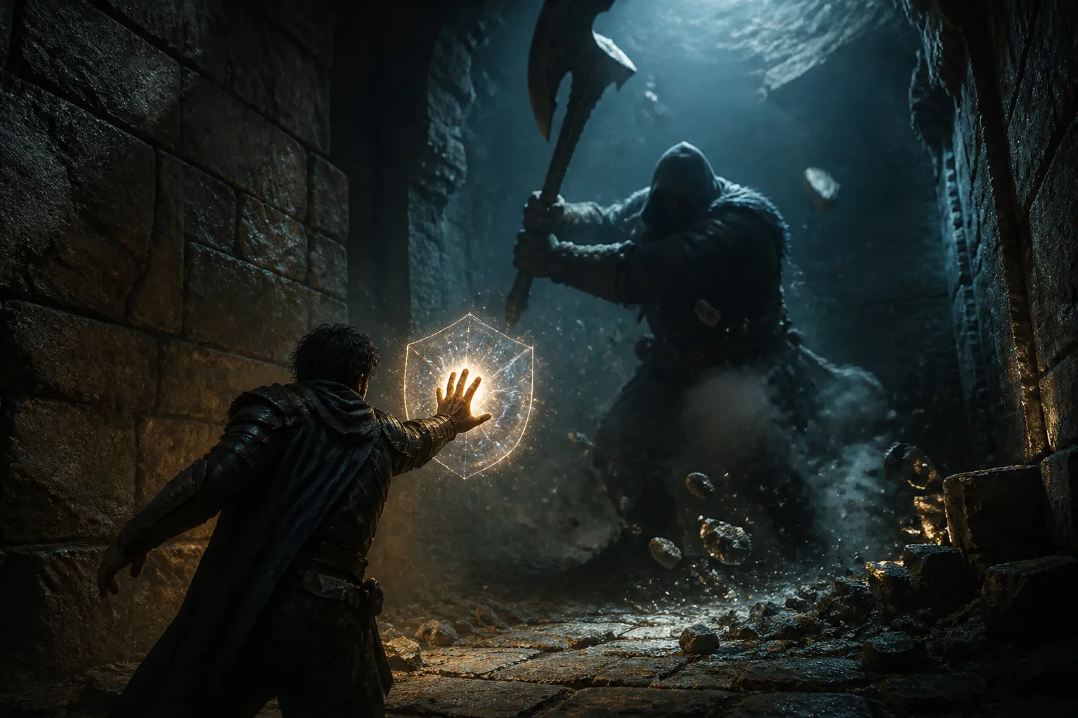 A lone armored figure in a narrowing stone corridor raises a dimming shield as the exit collapses into shadow and a massive enemy's strike begins its arc.