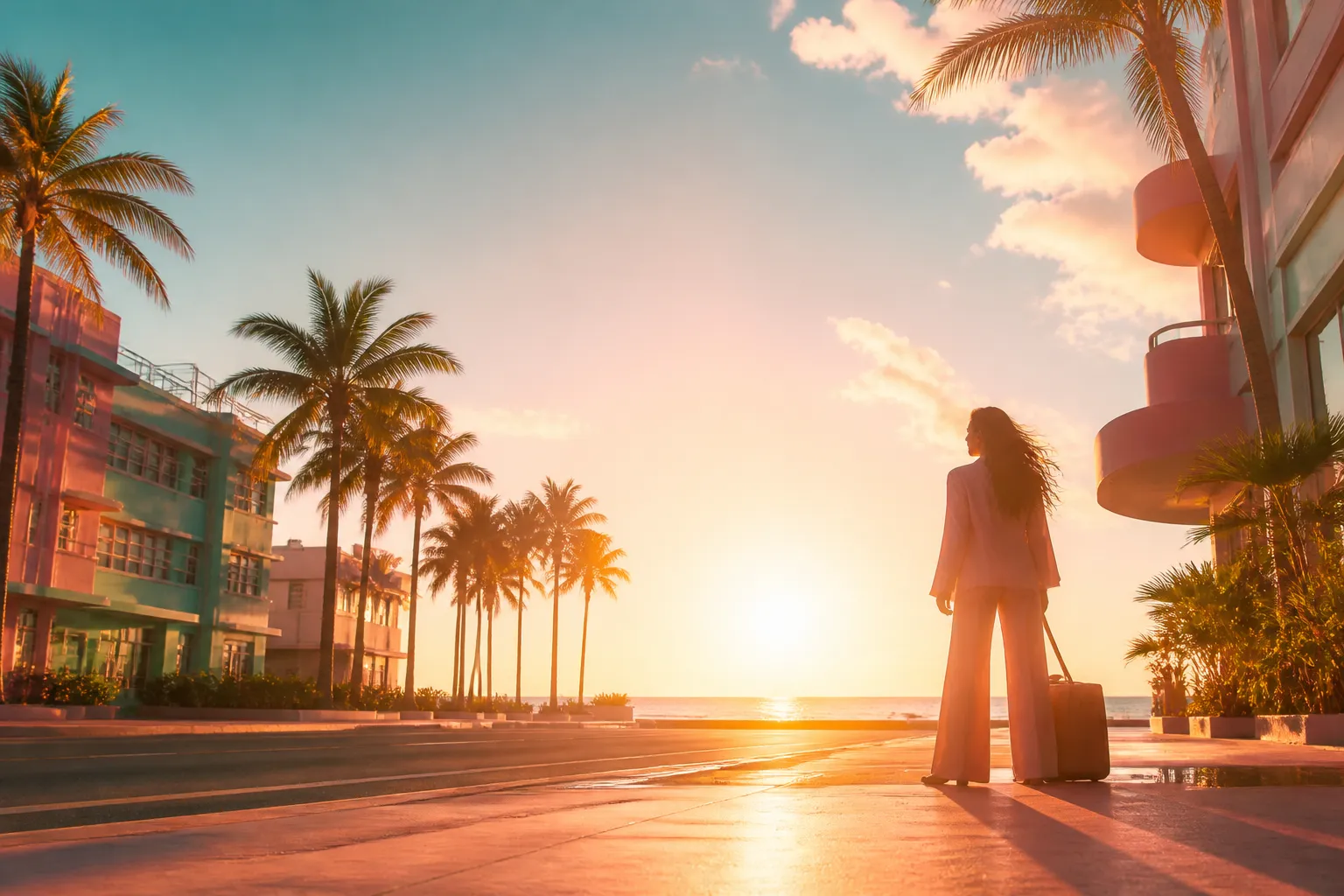 A sunlit coastal boulevard at dawn, lined with palm trees, with a bright golden sunrise over the horizon and a lone figure at the edge of the frame casting a long shadow, suggesting the start of an arrival.
