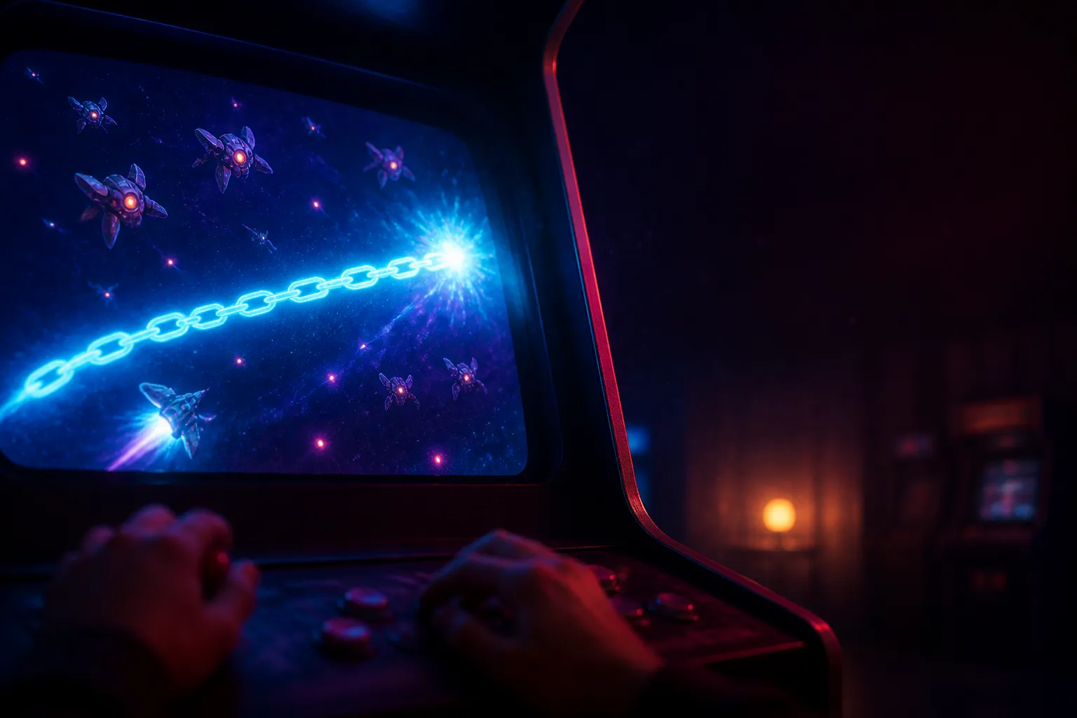 A wide view of an arcade screen where a long, unbroken chain of glowing energy links sweeps across the playfield, its brightest links marking a rising score multiplier, with a player's hands resting on the controls in the foreground.