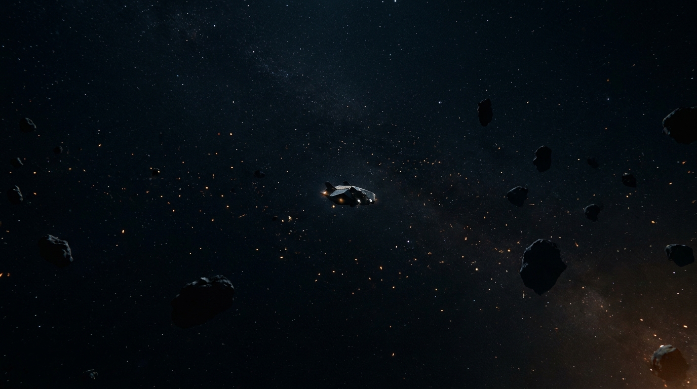 A lone spacecraft drifts in a vast black void surrounded by distant slowly tumbling asteroid silhouettes and faint glowing debris, the scene quiet and still after a long run