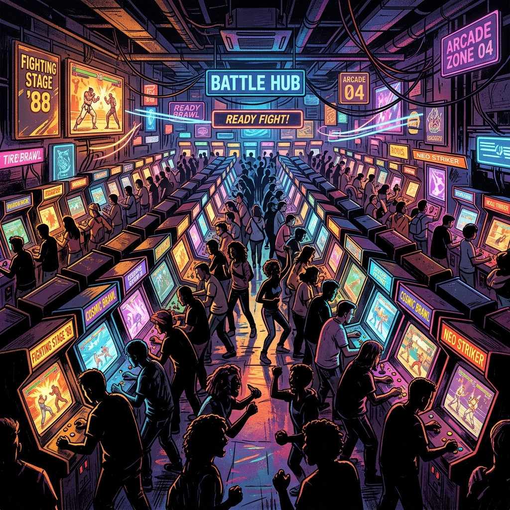 Illustrated view of a packed neon-lit arcade hall filled with players gathered around glowing fighting game cabinets, capturing the social atmosphere of a high-population Battle Hub session