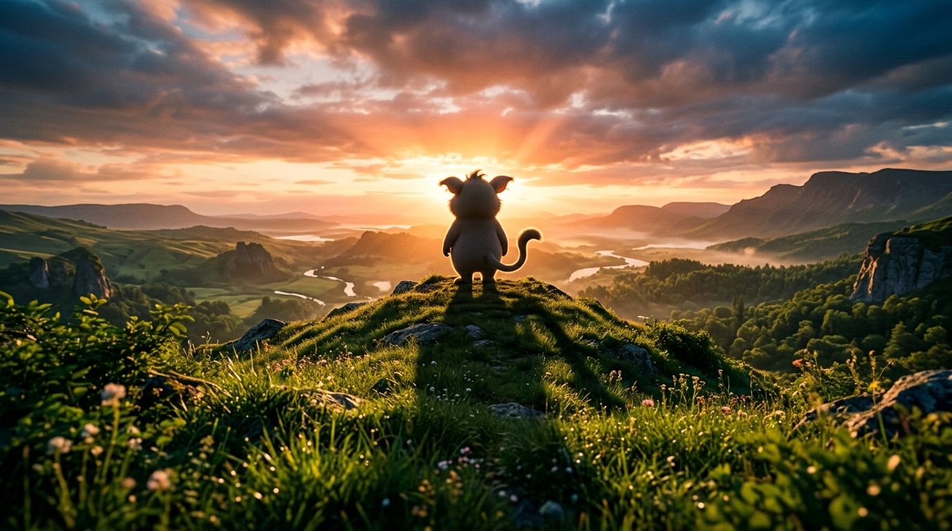 A fantastical round creature silhouette stands on a sunlit hilltop at golden hour, backlit by dramatic amber sunrise rays over a lush landscape