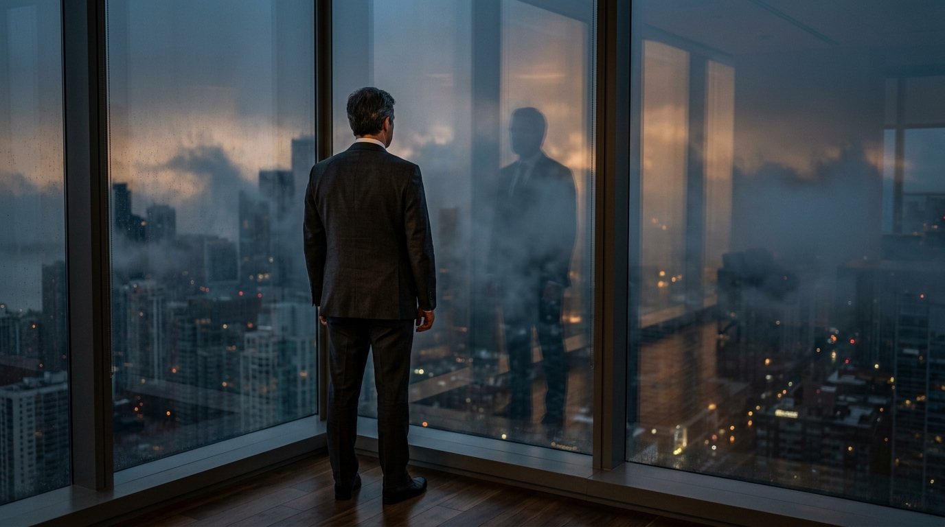 A solitary figure stands reflected in vast windows at dusk, gazing over a fog-covered city as amber and blue light fades across the glass.
