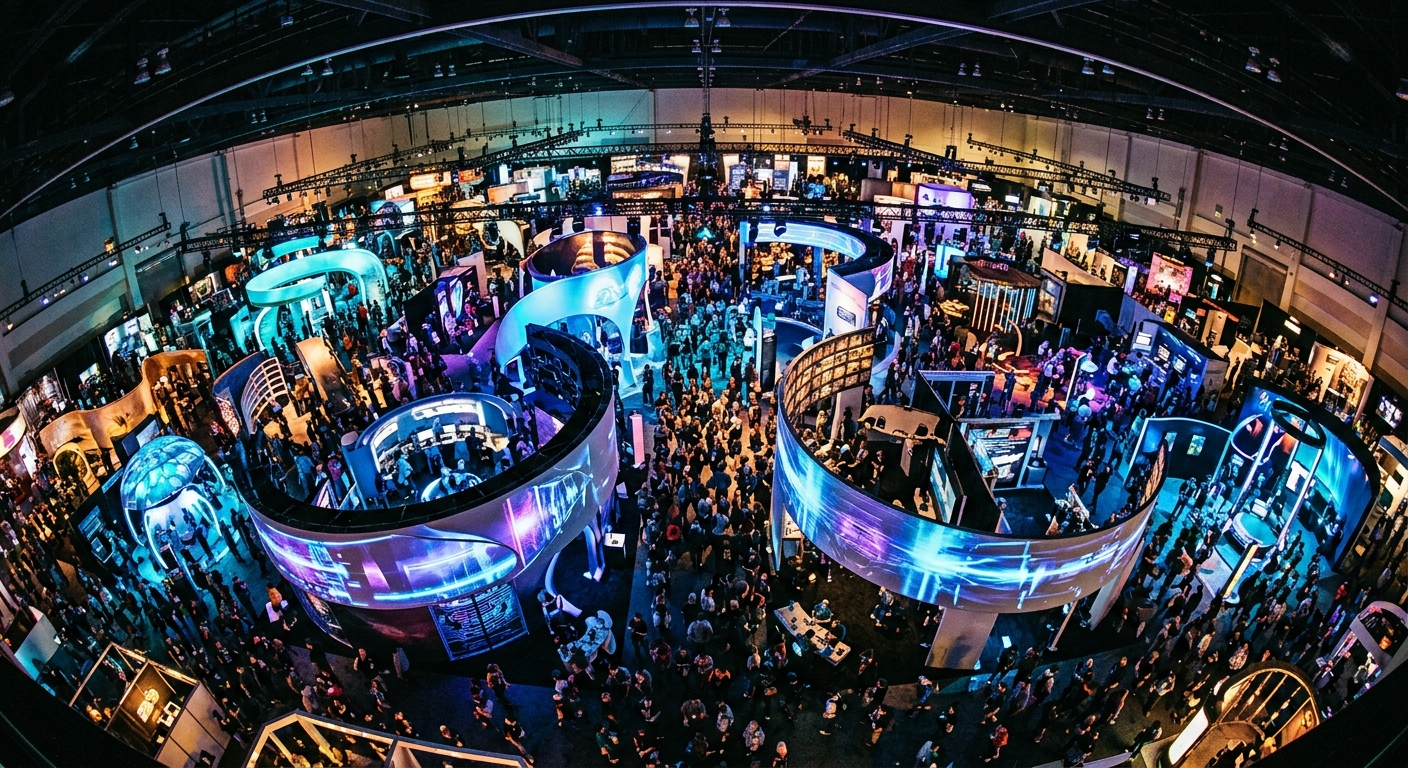 A sweeping overhead view of a vast convention floor filled with glowing themed installations, dramatic lighting, and immersive architectural exhibits at IAAPA Expo 2025