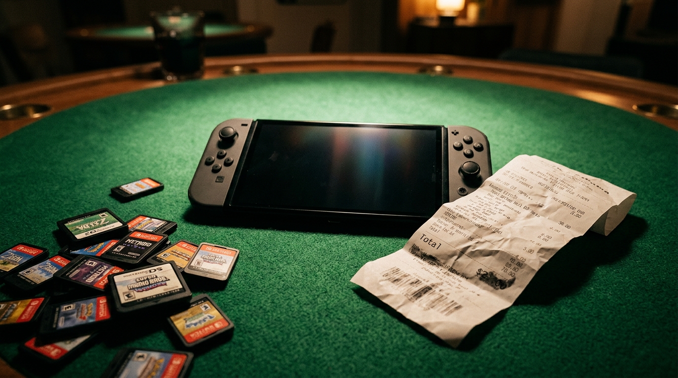 A Nintendo Switch 2 console sits on a green felt game table beside a crumpled receipt and scattered game cartridges under dramatic spotlight lighting