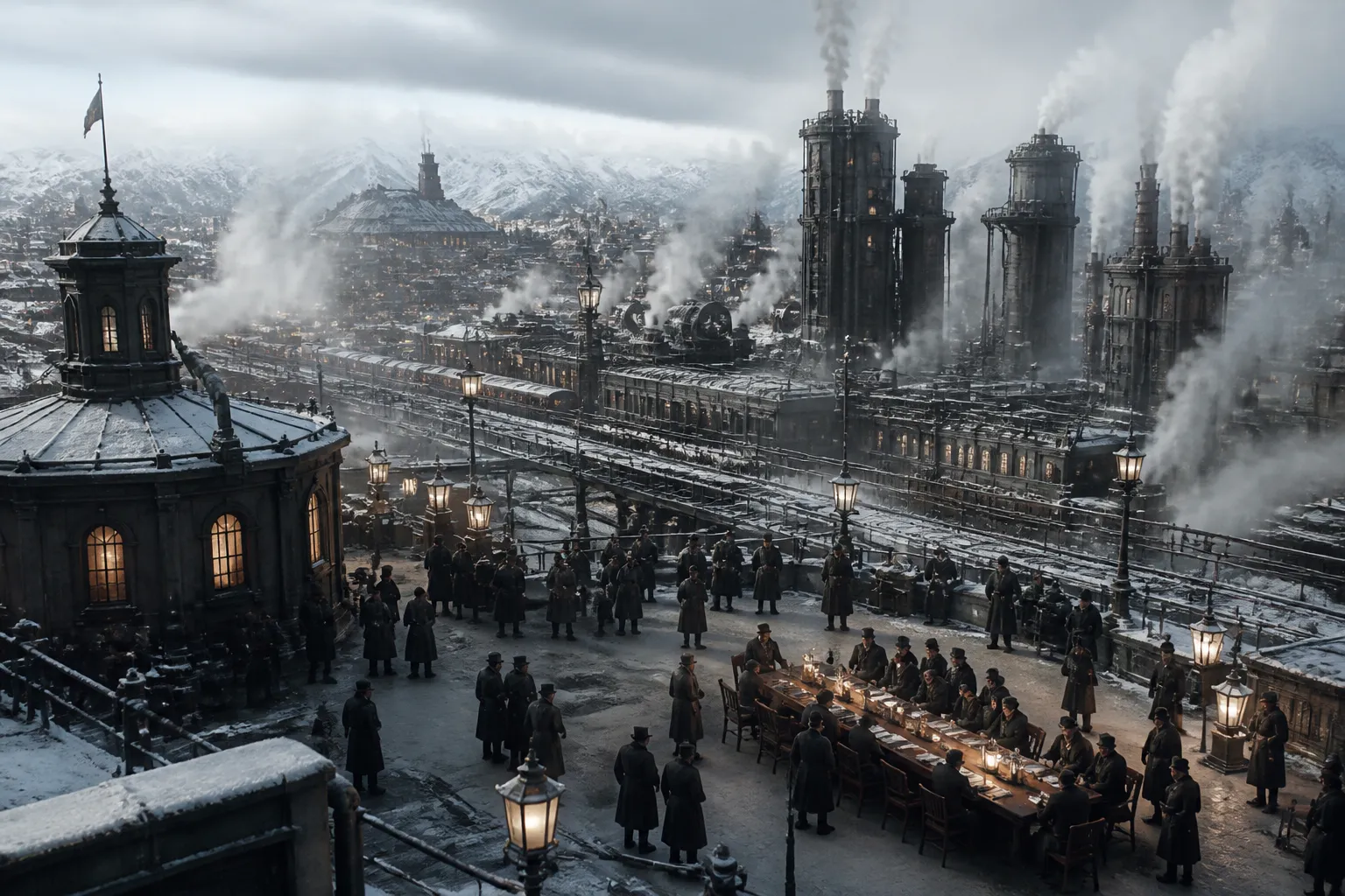 An elevated view of a snow-bound industrial city, its steam towers and rail lines glowing faintly in the cold, while officials in heavy coats confer around a lamp-lit table in a central plaza, showing the political machinery of survival rather than a lone struggle against the weather.