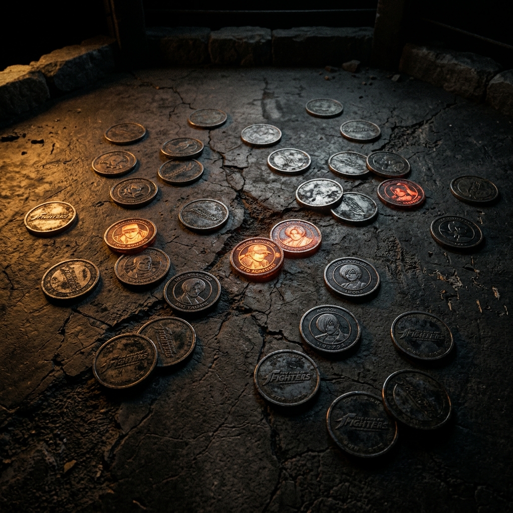 Scattered fighter tokens on a cracked arena floor, some glowing and others dark, suggesting an incomplete but promising competitive lineup