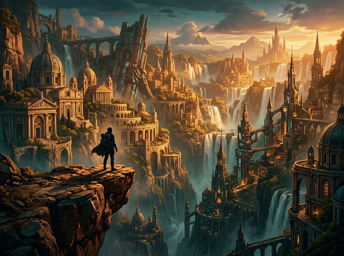 A lone explorer stands on a cliff edge overlooking the vast layered vertical landscape of the Rinascita region in Wuthering Waves 2.0, with baroque ruins and glowing spires stretching into the golden-hour sky