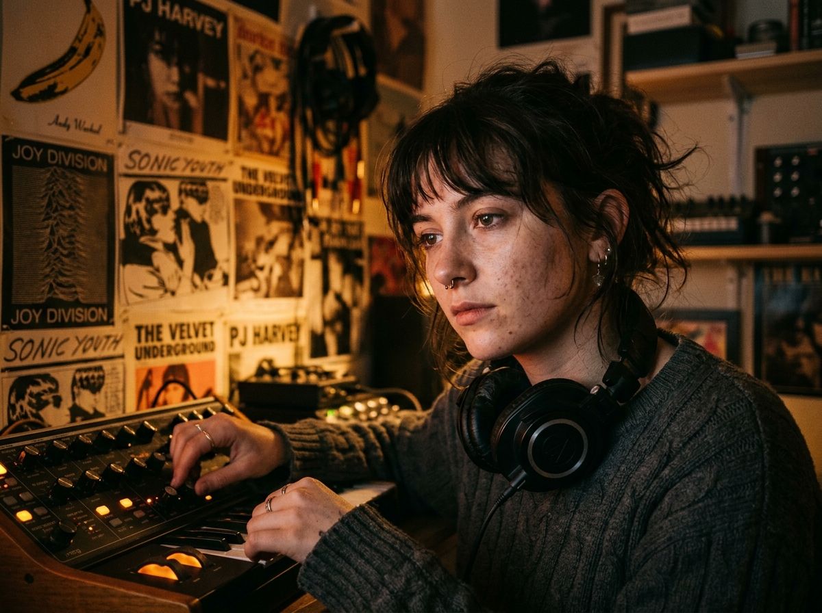 A young indie musician bathed in warm synthesizer light in a cluttered bedroom studio, headphones around their neck, vintage posters softly blurred behind them