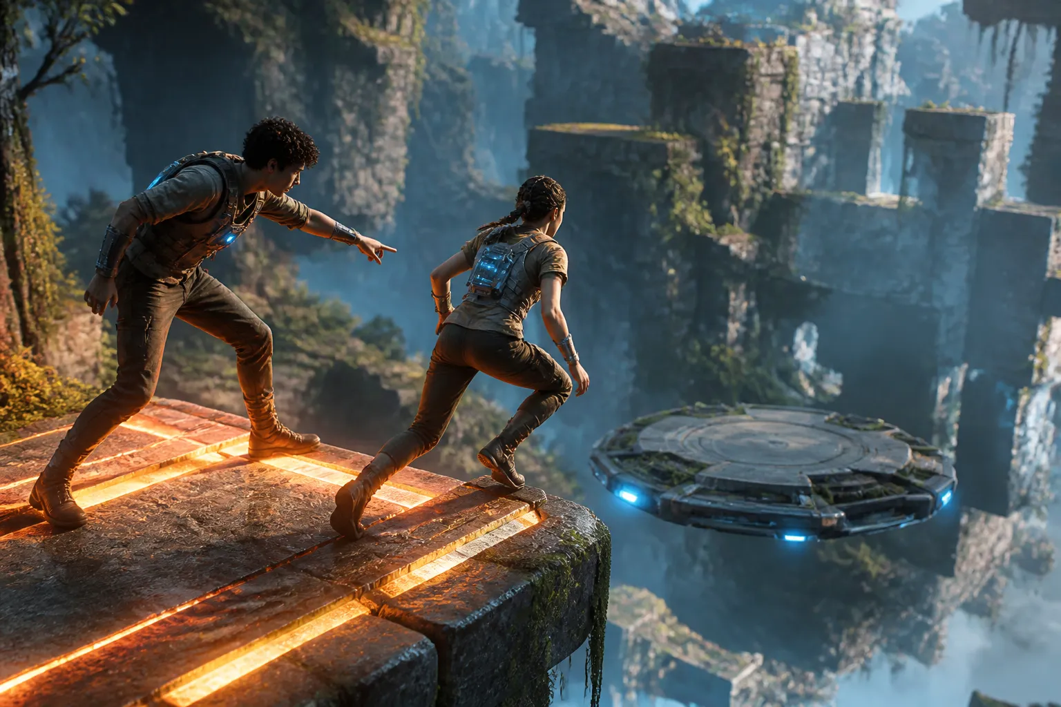 Two co-op players on a ledge in a surreal game world, one pointing at a moving platform while the other prepares to jump, capturing the moment of a coordinated cue before a leap.
