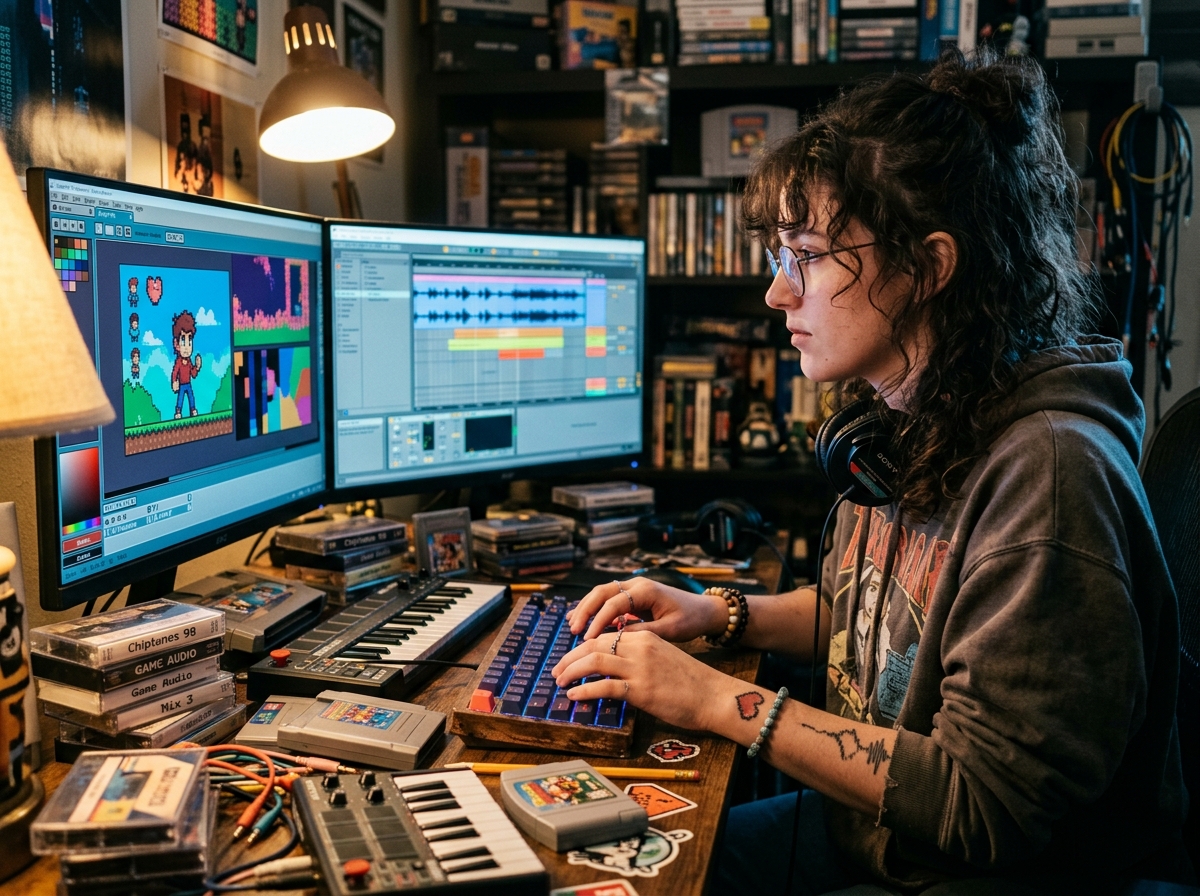 An indie creator at a glowing workstation surrounded by cassette tapes, game cartridges, and colorful screen displays