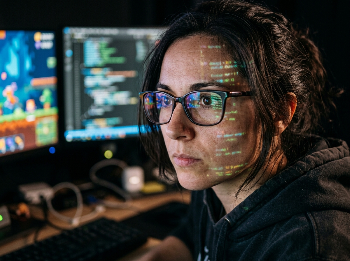 A game developer's face lit by glowing monitors displaying colorful AI-generated game worlds