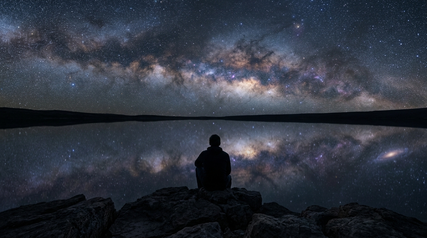 A solitary figure sits in silhouette at the edge of a dark precipice, a vast cosmic landscape of muted blue and purple galaxies stretching endlessly before them, their light mirrored in a still reflective surface below.