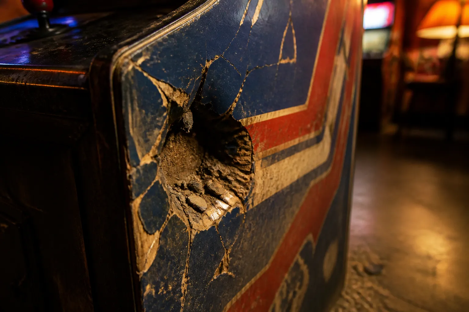 Close-up of a dented arcade cabinet side panel with a fist-sized crater, cracked paint and loose debris around the impact.