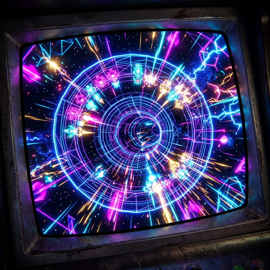 Tempest 4000 tube shooter gameplay showing glowing neon wireframe tunnels with enemy geometry warping inward against a deep space backdrop