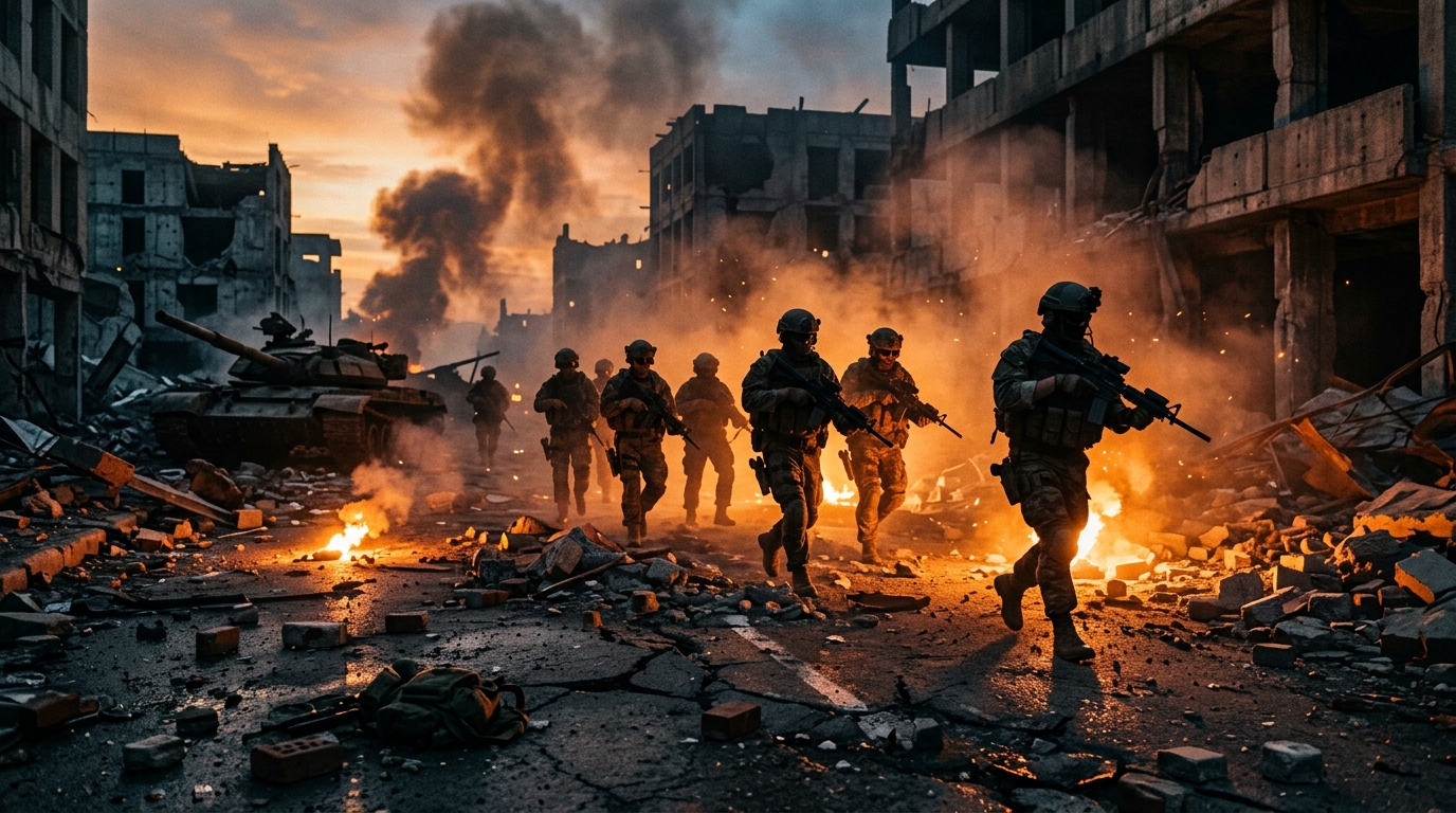 Armored soldiers advance through a smoke-filled ruined city street at dawn, emergency flares casting amber light across the debris-strewn ground