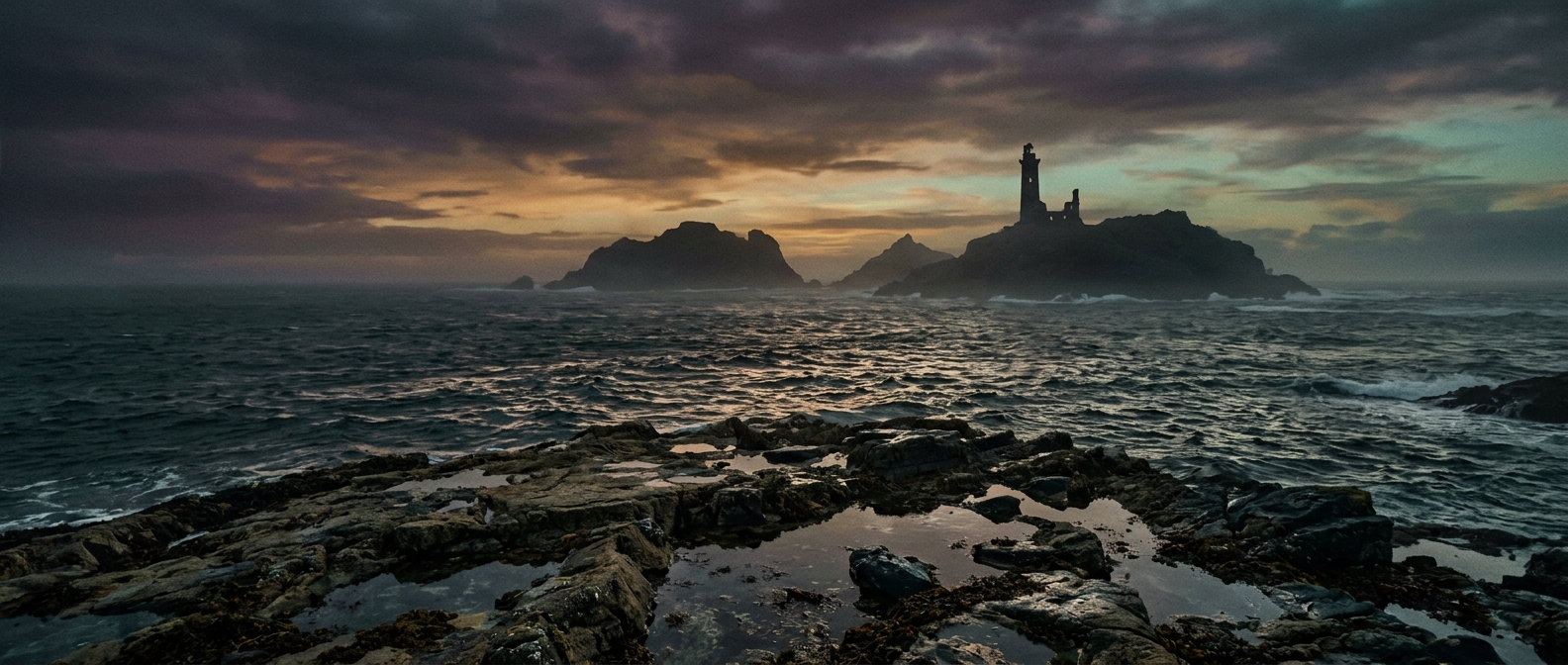 A weathered stone shore at dusk overlooks a fractured sea stretching toward misty silhouetted islands, one crowned with a ruined lighthouse, the sky heavy with amber and violet light.