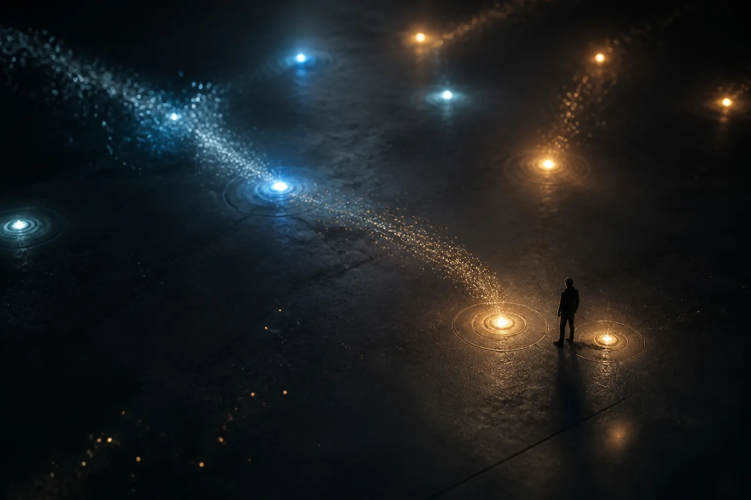 A sparse glowing arena seen from above, with two spawn points clustered near a lone figure while streams of light drift in from unseen sources, suggesting randomness being mapped onto game space.