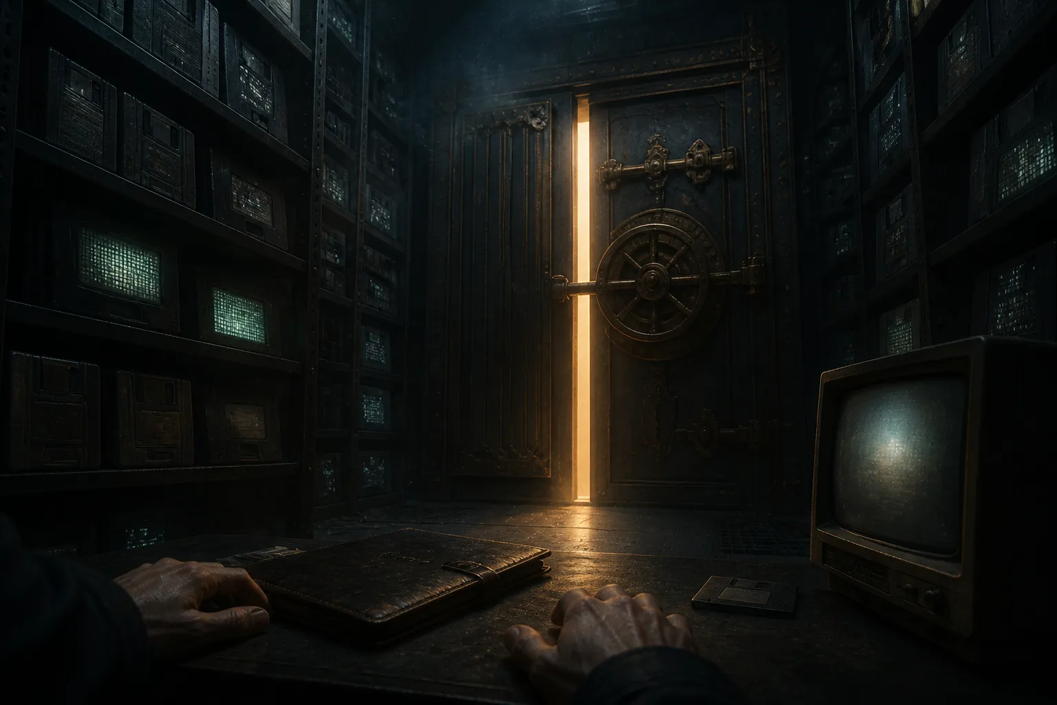 A dim archive vault of shelved vintage game cartridges and disks, some fading in pixelated light, with a heavy locked door and a thin beam of light through a gap, suggesting restricted access to preserved digital history.