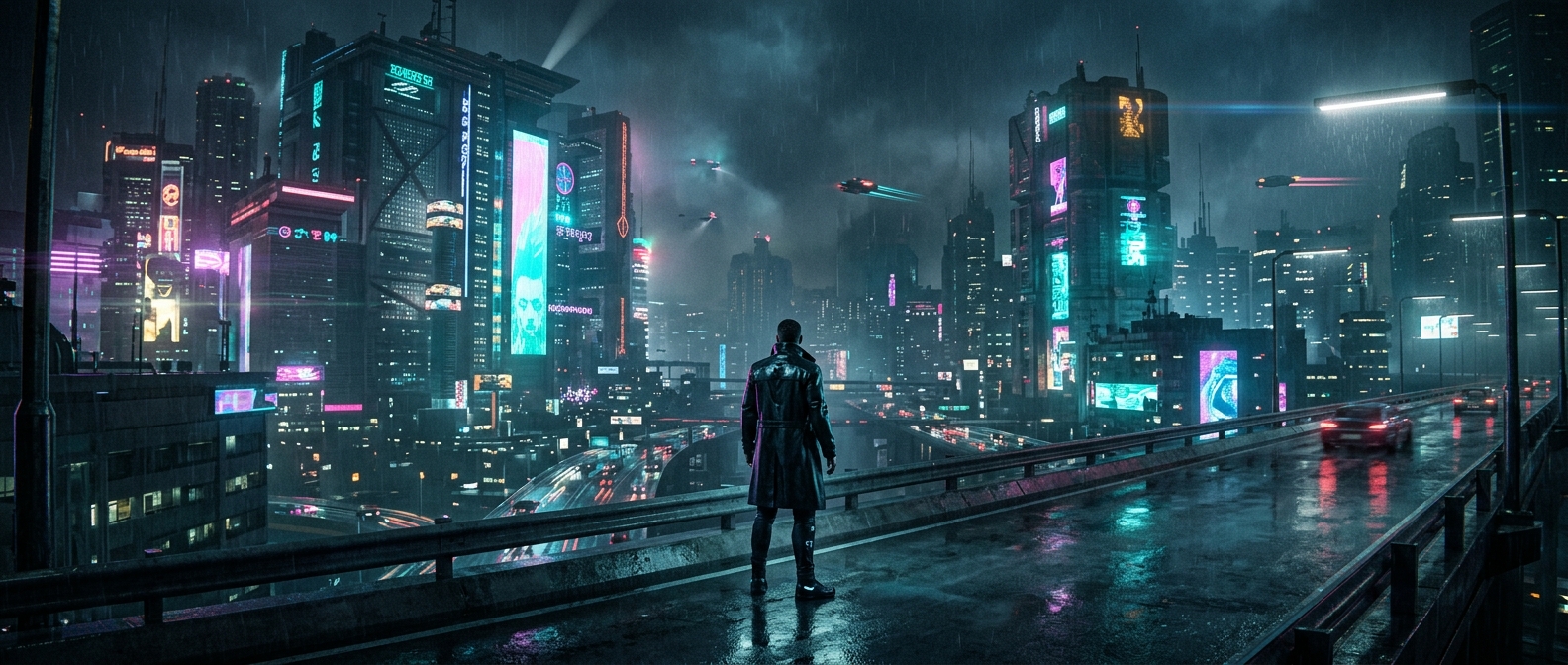 A lone figure stands on a rain-soaked overpass overlooking a vast neon-lit cyberpunk city at night, with glowing skyscrapers and holographic lights reflected in the wet pavement below