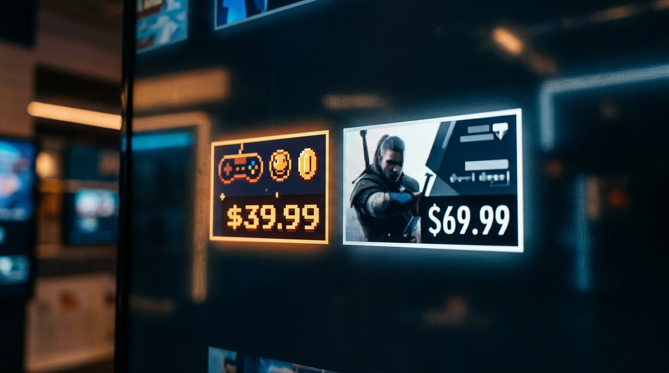 Two glowing digital price tags displayed side by side on a dark storefront screen, one for a retro pixelated arcade game at $39.99, the other for a modern AAA release at $69.99, their prices strikingly close, lit by cold blue and warm amber neon reflections.