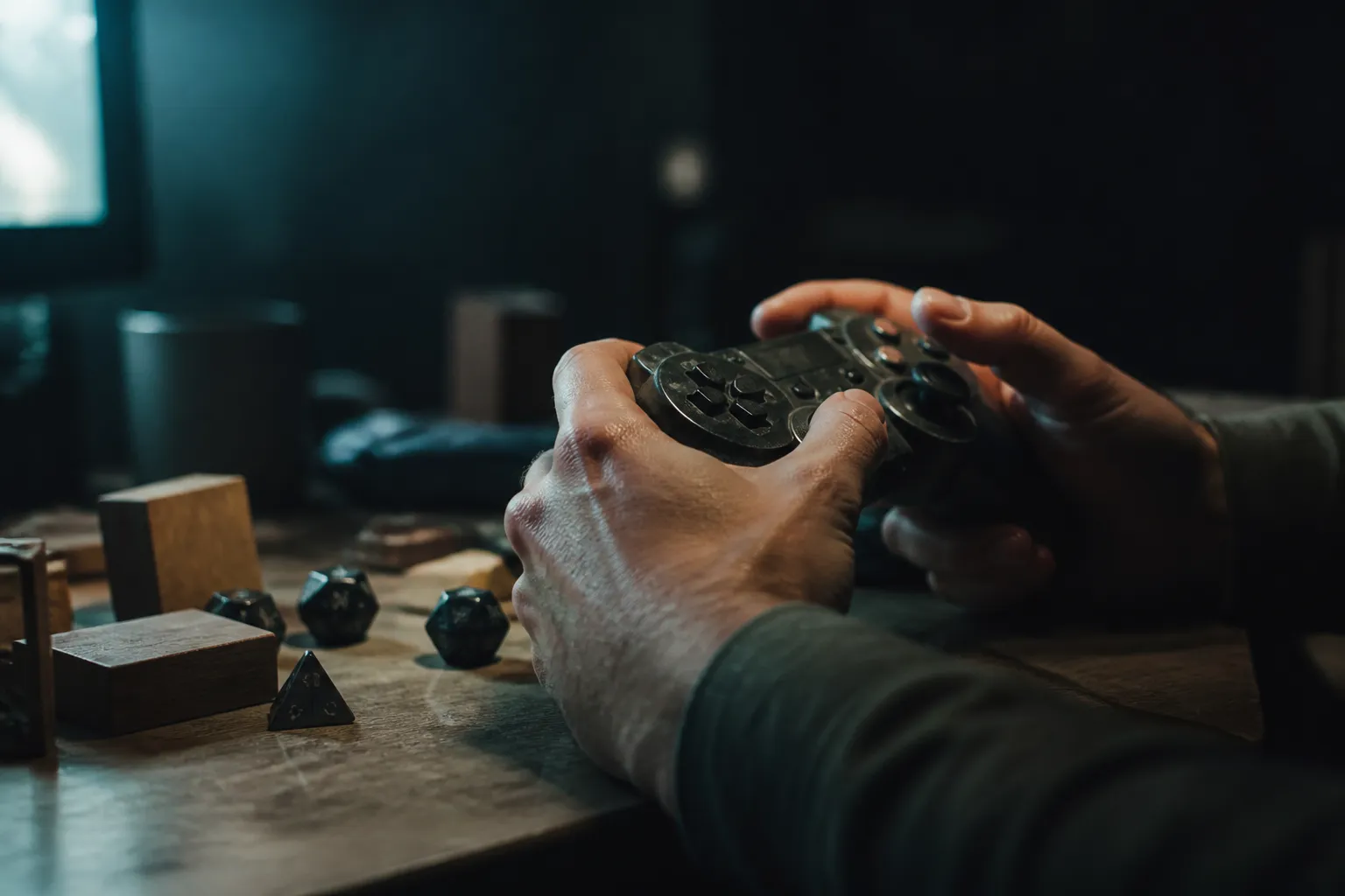 Close view of a player's hands on a controller in a dimly lit room, with small blocks scattered nearby and a soft screen glow on the fingers, suggesting quiet experimentation.