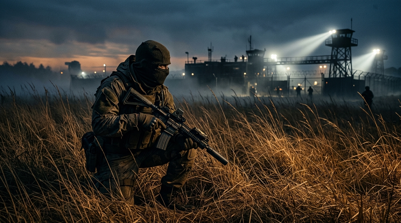 A lone operative crouches motionless in tall grass as enemy floodlights sweep across a misty compound at dusk in Metal Gear Solid V.