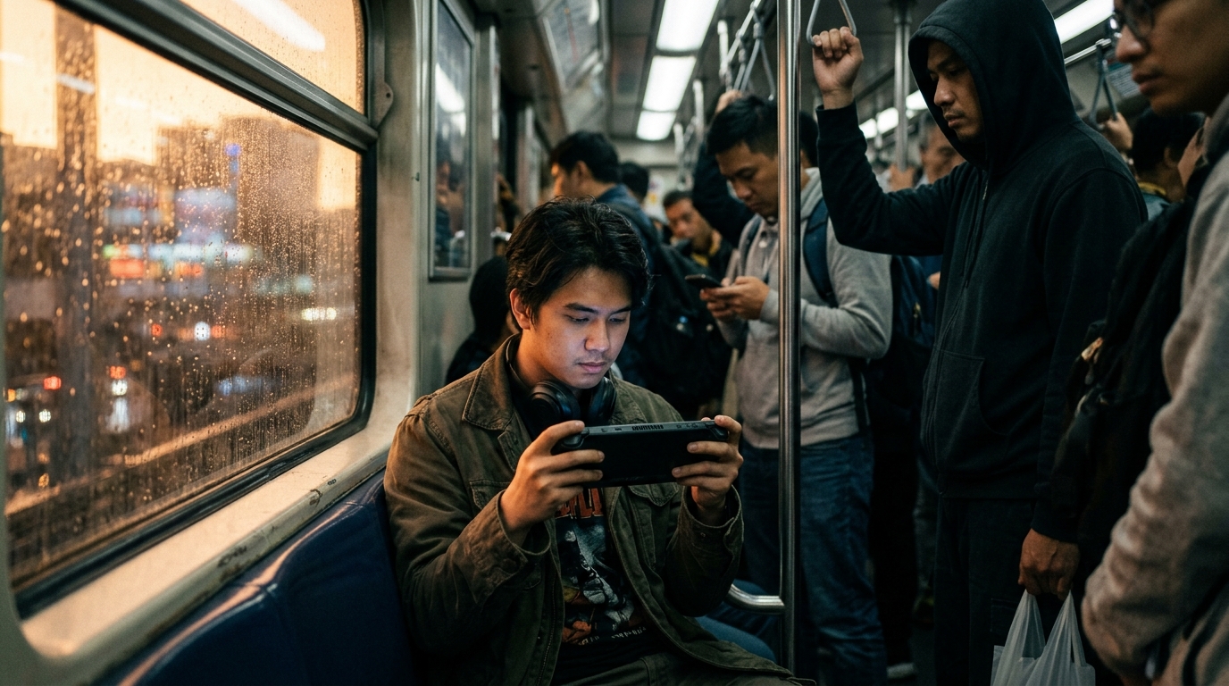 A young Southeast Asian commuter plays on a handheld PC in a crowded metro train, his face lit by the screen glow against golden-hour light through rain-streaked windows.