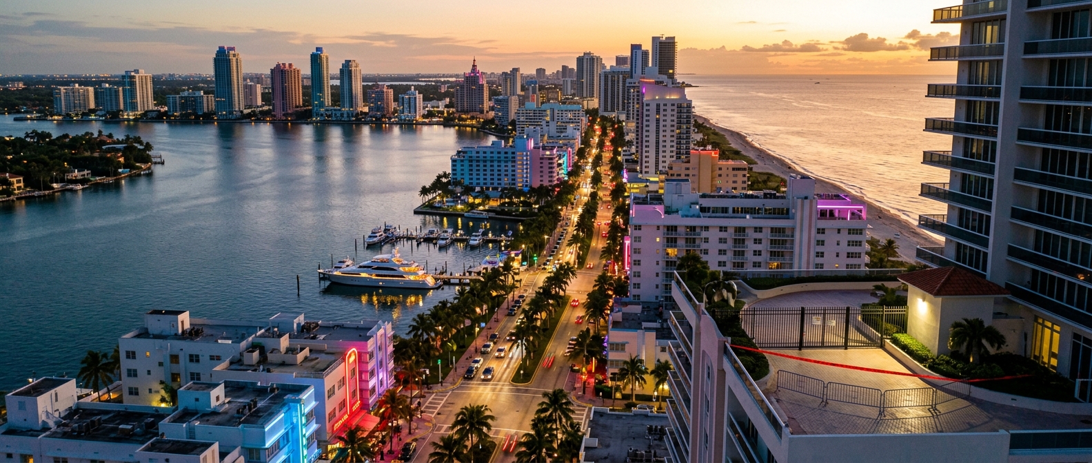 Panoramic cinematic aerial of a neon-lit Vice City coastline at dusk, luxury towers and yachts gleaming under golden light while one high-rise remains sealed behind police barriers, suggesting wealth that cannot buy its way past every consequence
