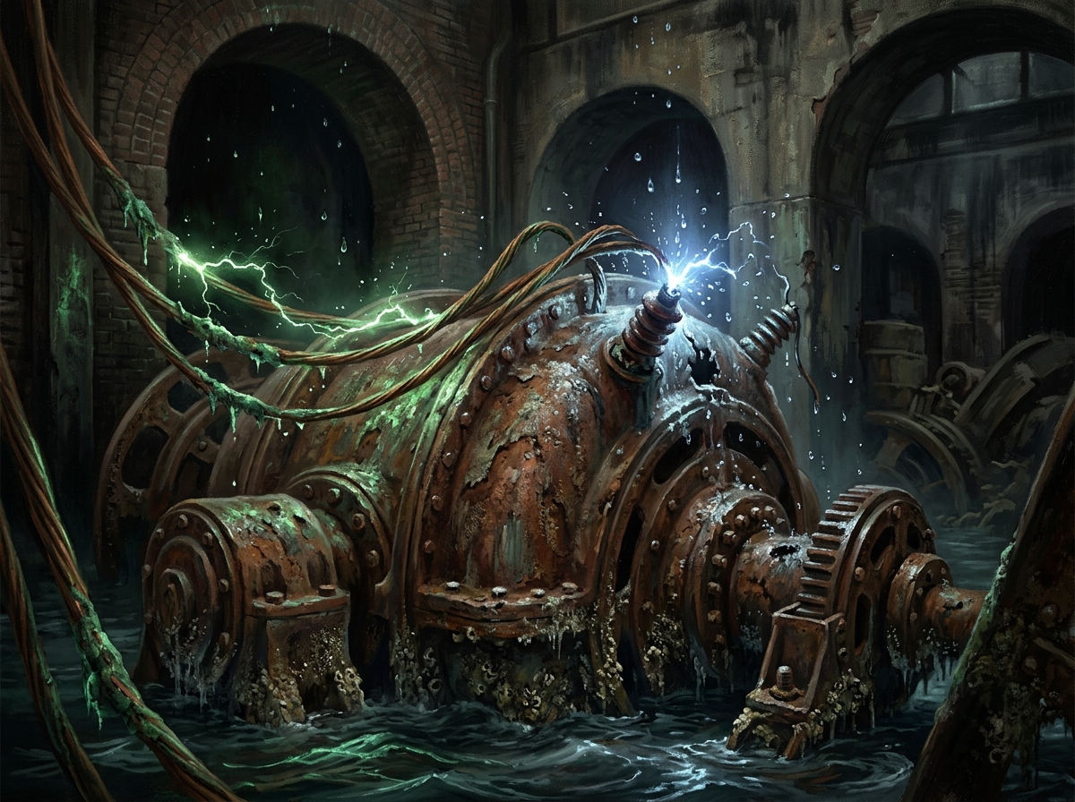 Corroded turbine half-submerged in dark water with electric arcs crackling along copper wiring inside a flooded Victorian power station