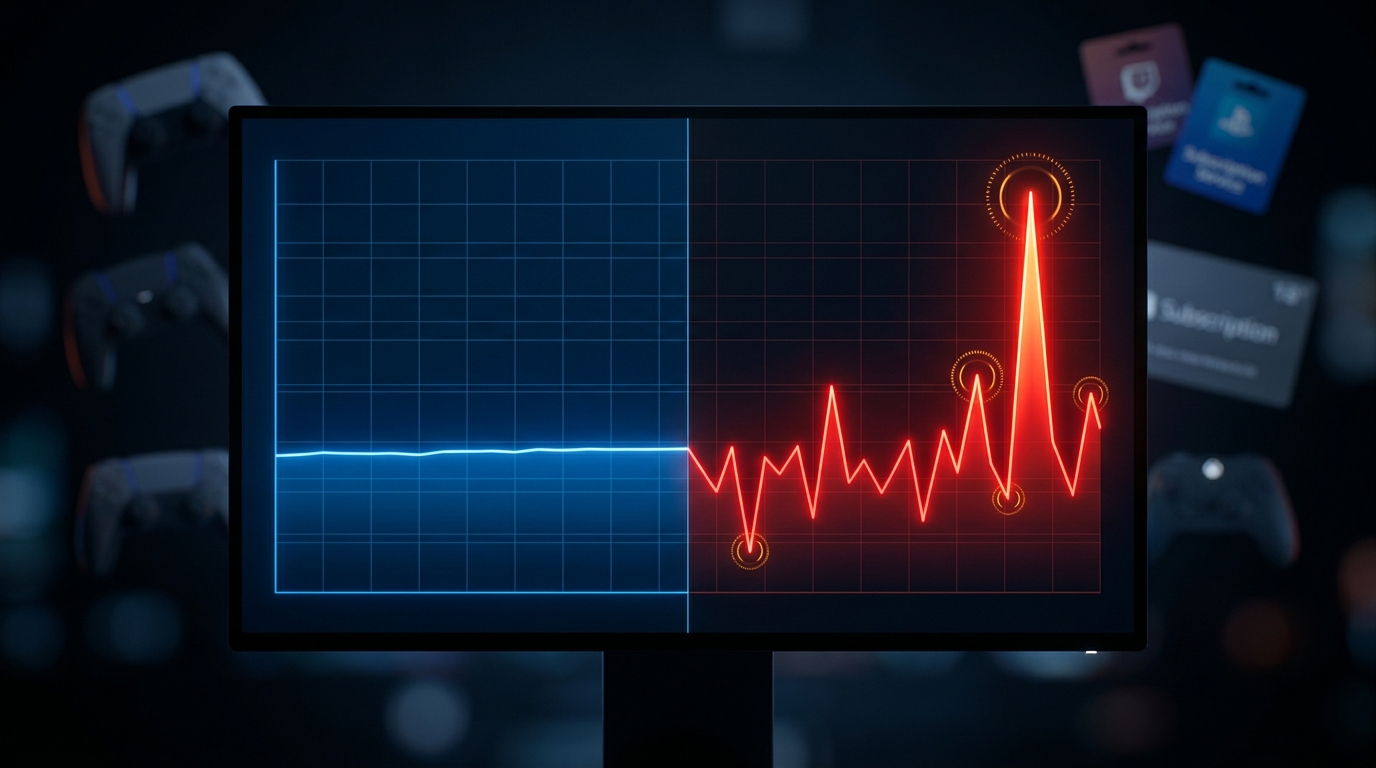 A split-screen subscriber sentiment dashboard showing a flat blue line on the left and a sharp red cancellation spike on the right, representing the backlash following a gaming subscription price increase