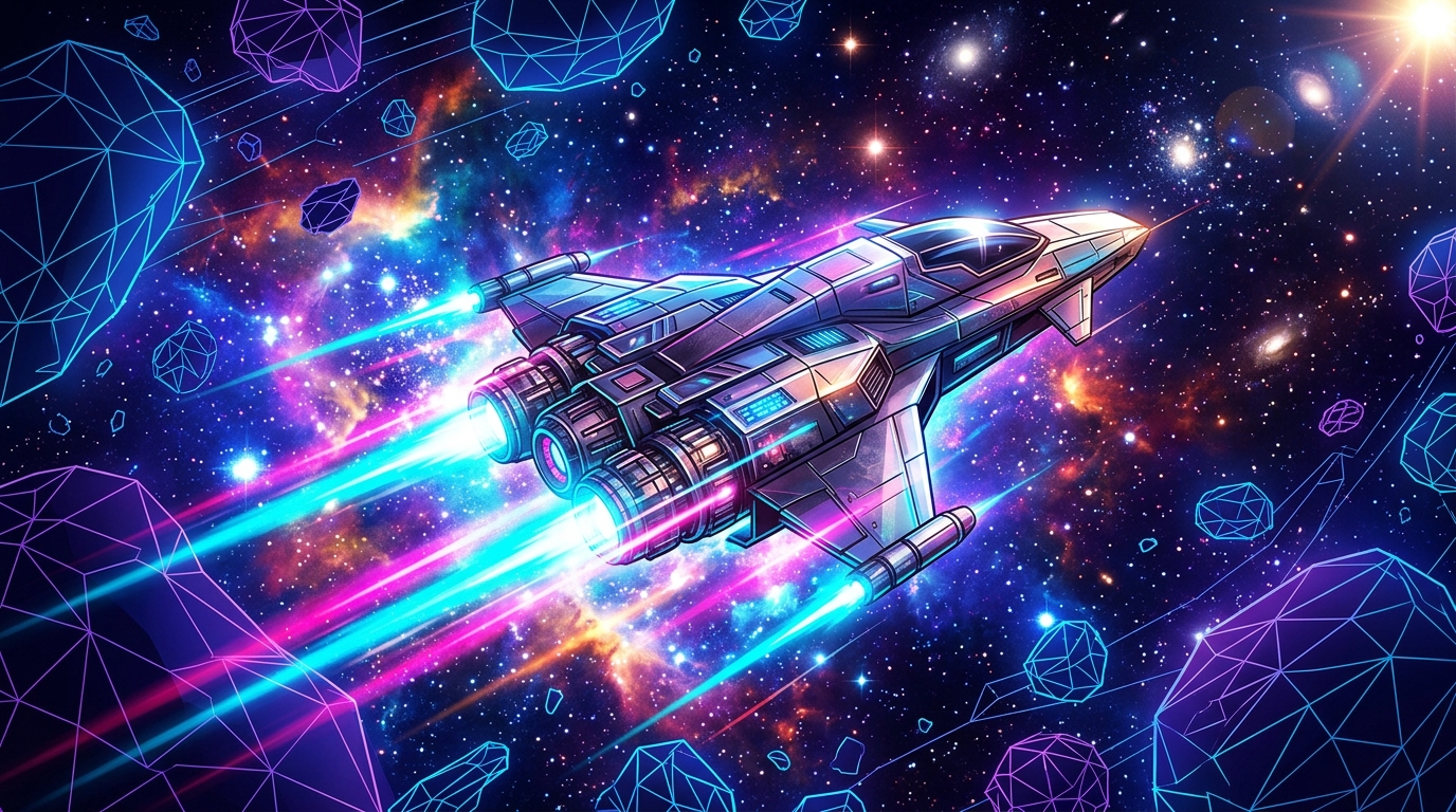 A retro-futurist spacecraft streaks through a neon-lit nebula trailing cyan and magenta exhaust, surrounded by wireframe asteroids and glowing cosmic dust in deep space.