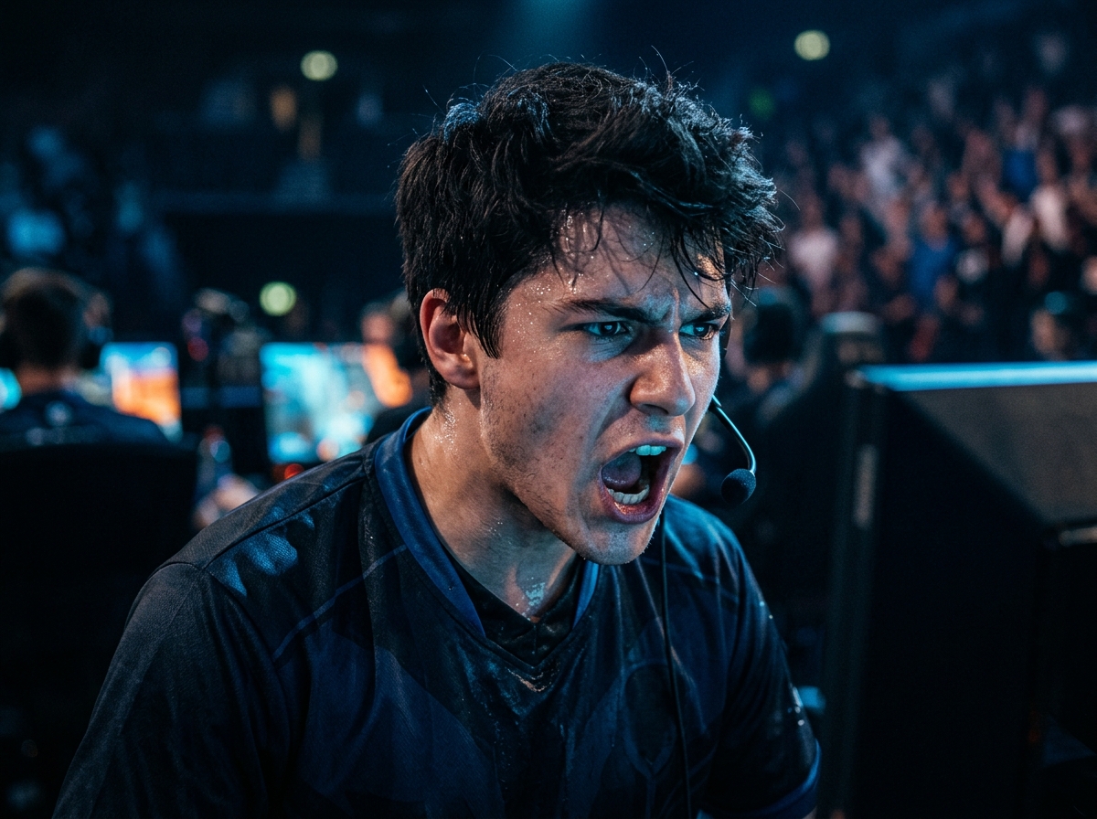 An NRG esports player captured in a tight close-up, face illuminated by arena lighting with an expression of intense emotion during the Valorant Champions 2025 grand final against Fnatic in Paris