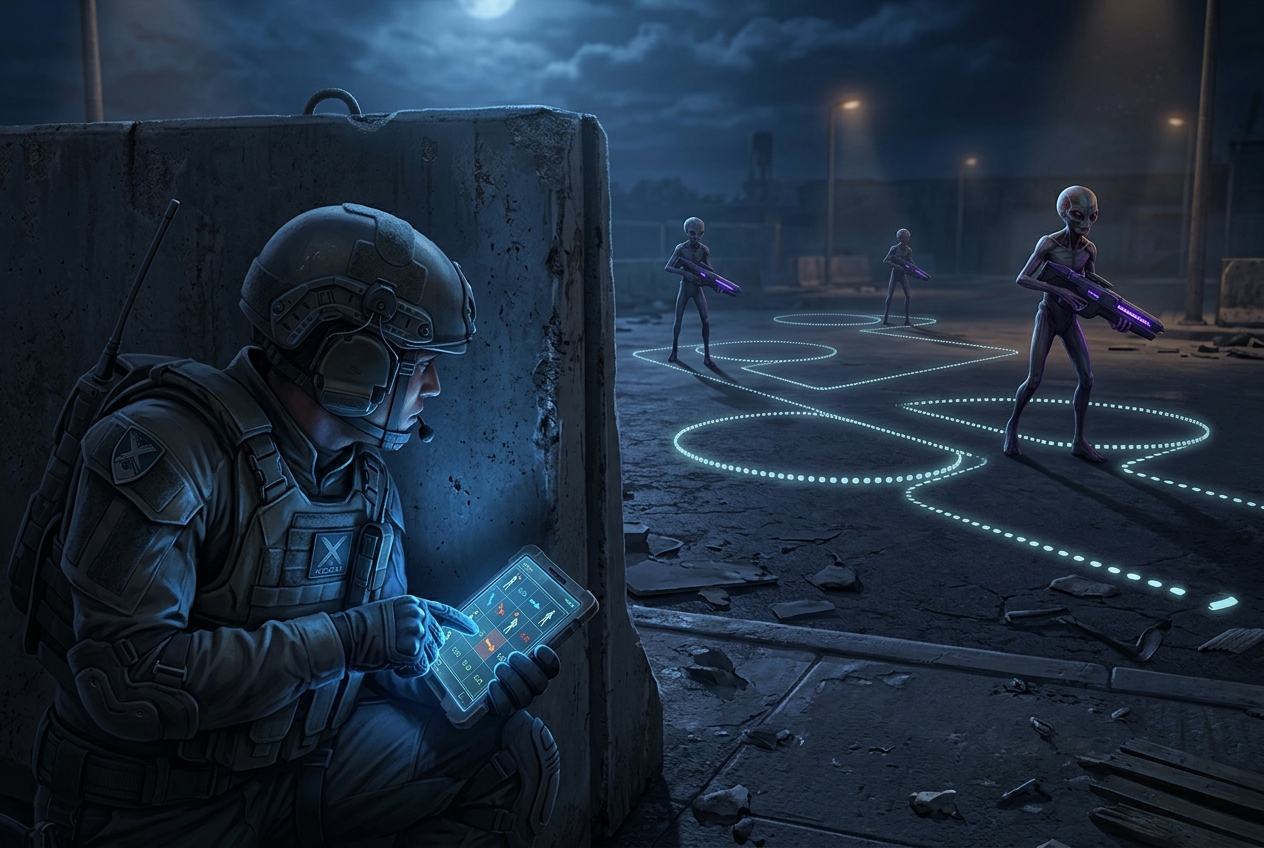 An XCOM operative crouches in cover at night, watching three aliens move along glowing geometric patrol routes while holding a datapad displaying numerical AI scoring overlays on each enemy's predicted position.