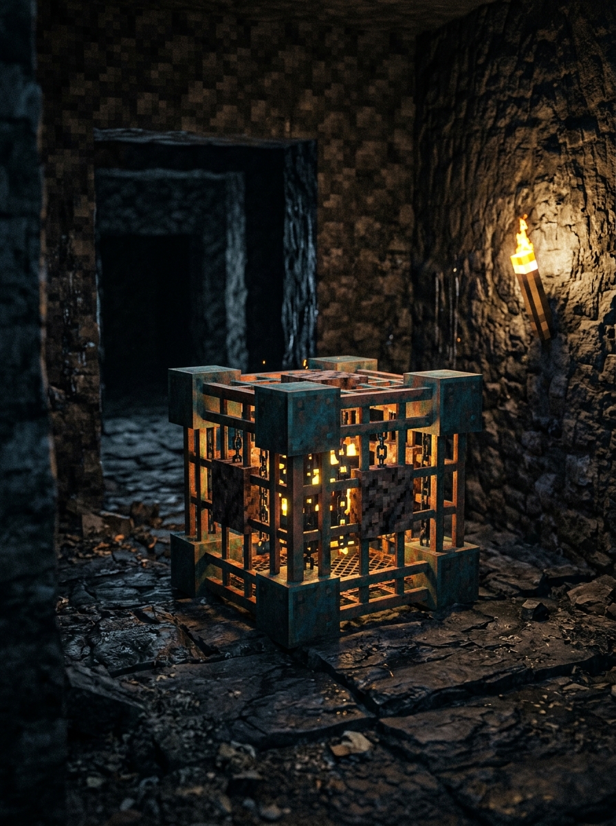Close-up of a glowing cage-like spawner block built from copper and tuff, set within a deepslate stone chamber with torchlight and a retreat corridor visible behind it.