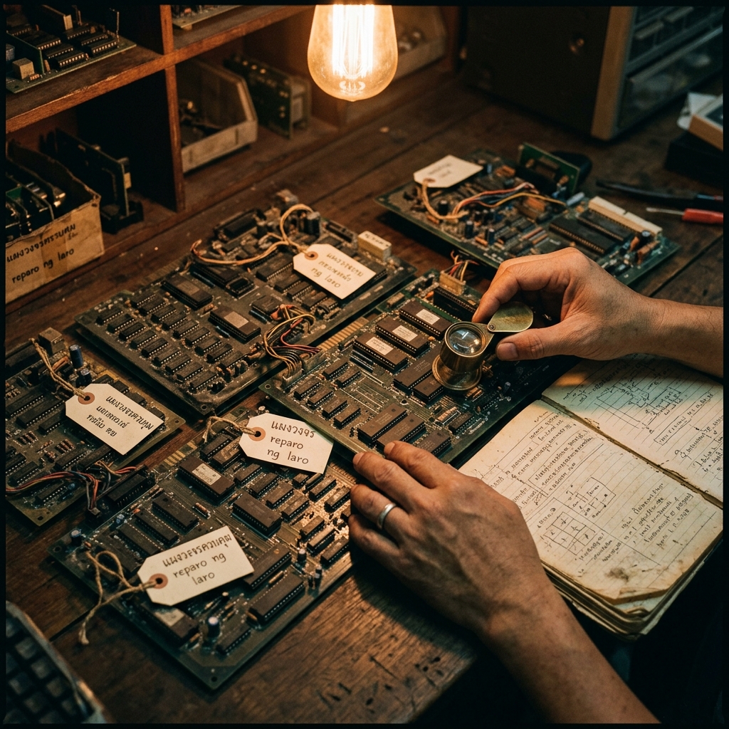 Overhead close-up of vintage Donkey Kong arcade PCBs laid out on a wooden table in a Southeast Asian café, with handwritten regional labels and a magnifying loupe held by a researcher's hands, warm amber light casting deep shadows.