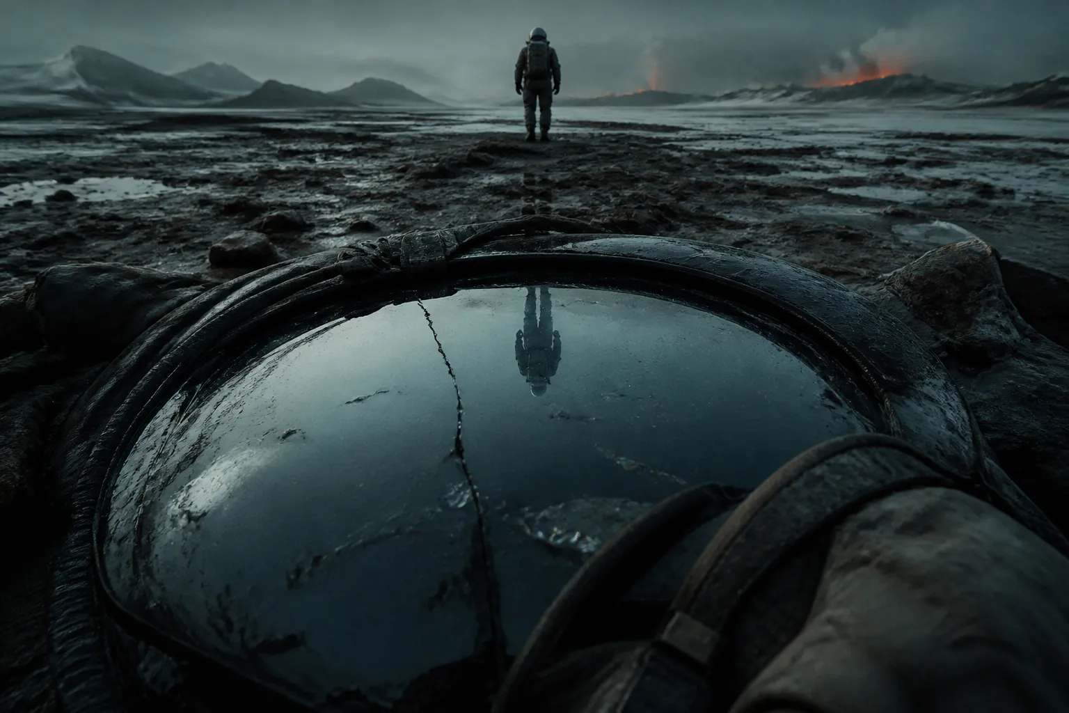 A distant figure in a worn expedition suit stands reflected against an empty alien plain under a cold, quiet sky, suggesting a long road walked again.