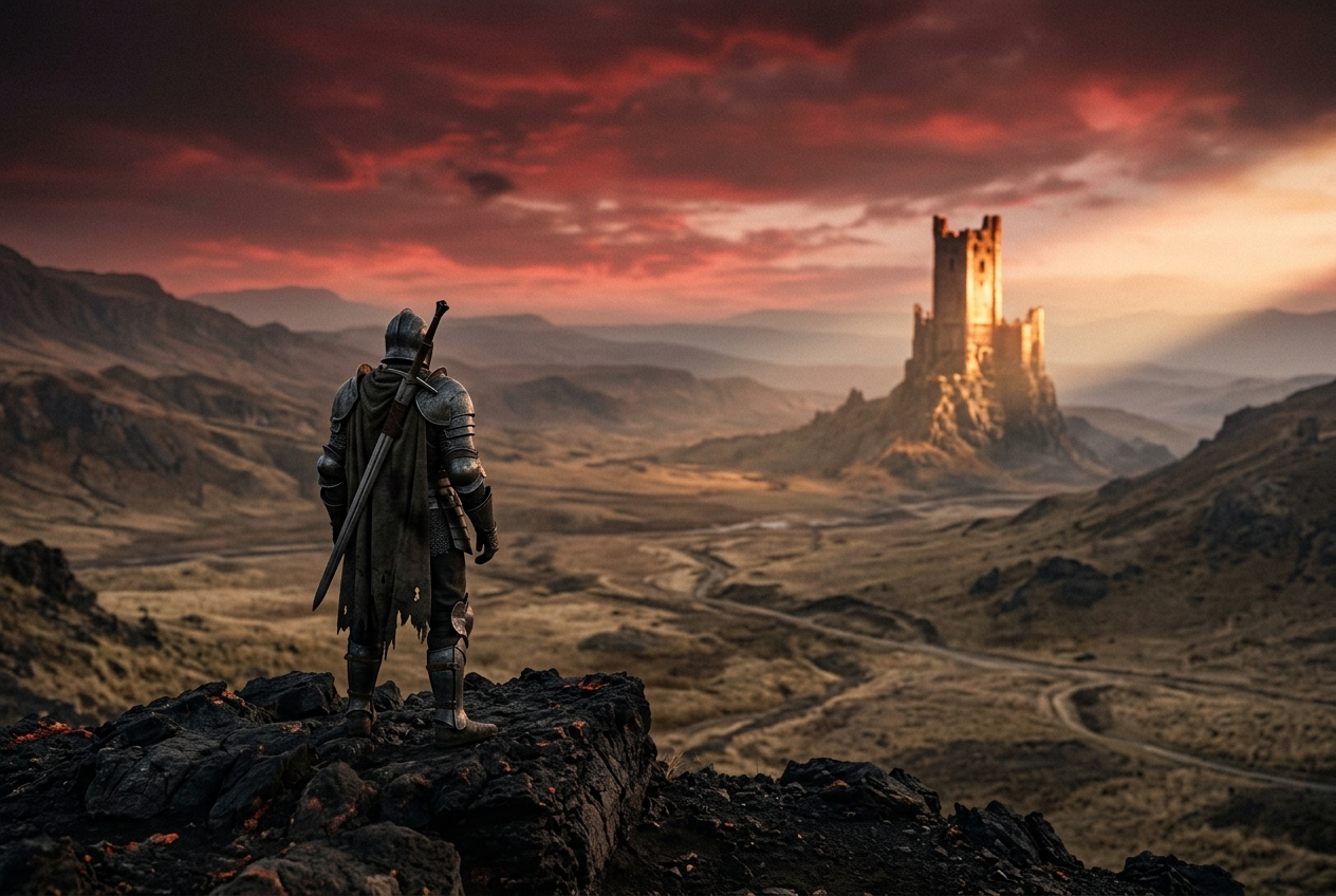 A lone armored figure stands on a rocky ridge looking toward a distant illuminated ruined tower, while the surrounding open world fades into hazy indistinction around it.