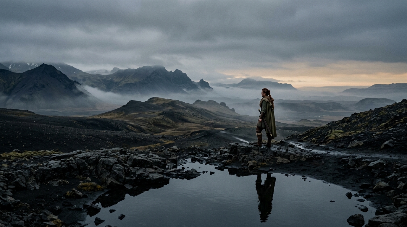 A Celtic warrior woman stands small and still against a vast misty Icelandic volcanic landscape, her silhouette reflected in a dark pool of water, the brooding terrain dwarfing her solitary figure.