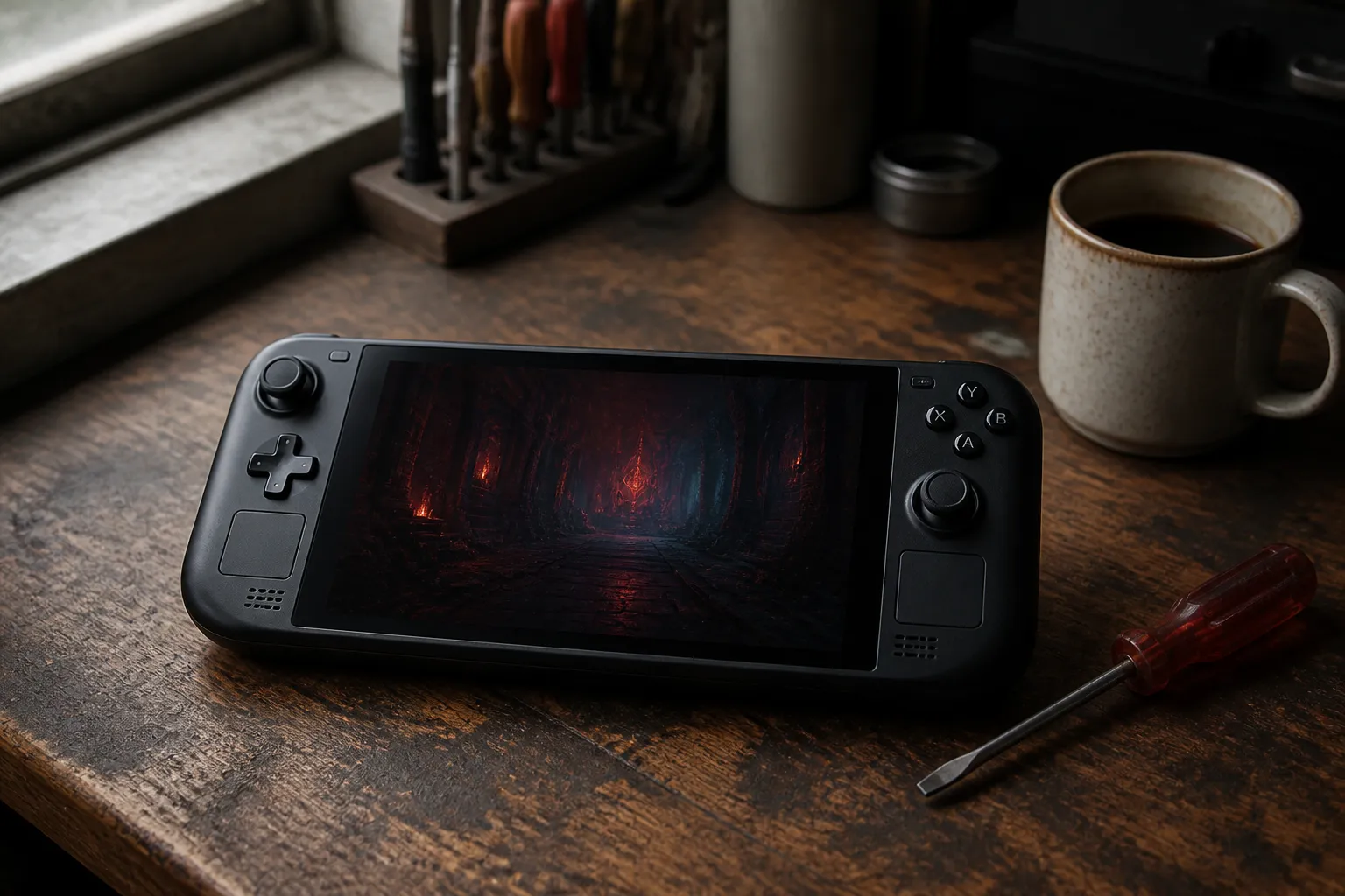 A handheld console with its screen lit mid-game sits on a workbench beside a screwdriver and a cup of cold coffee, showing a session left paused.